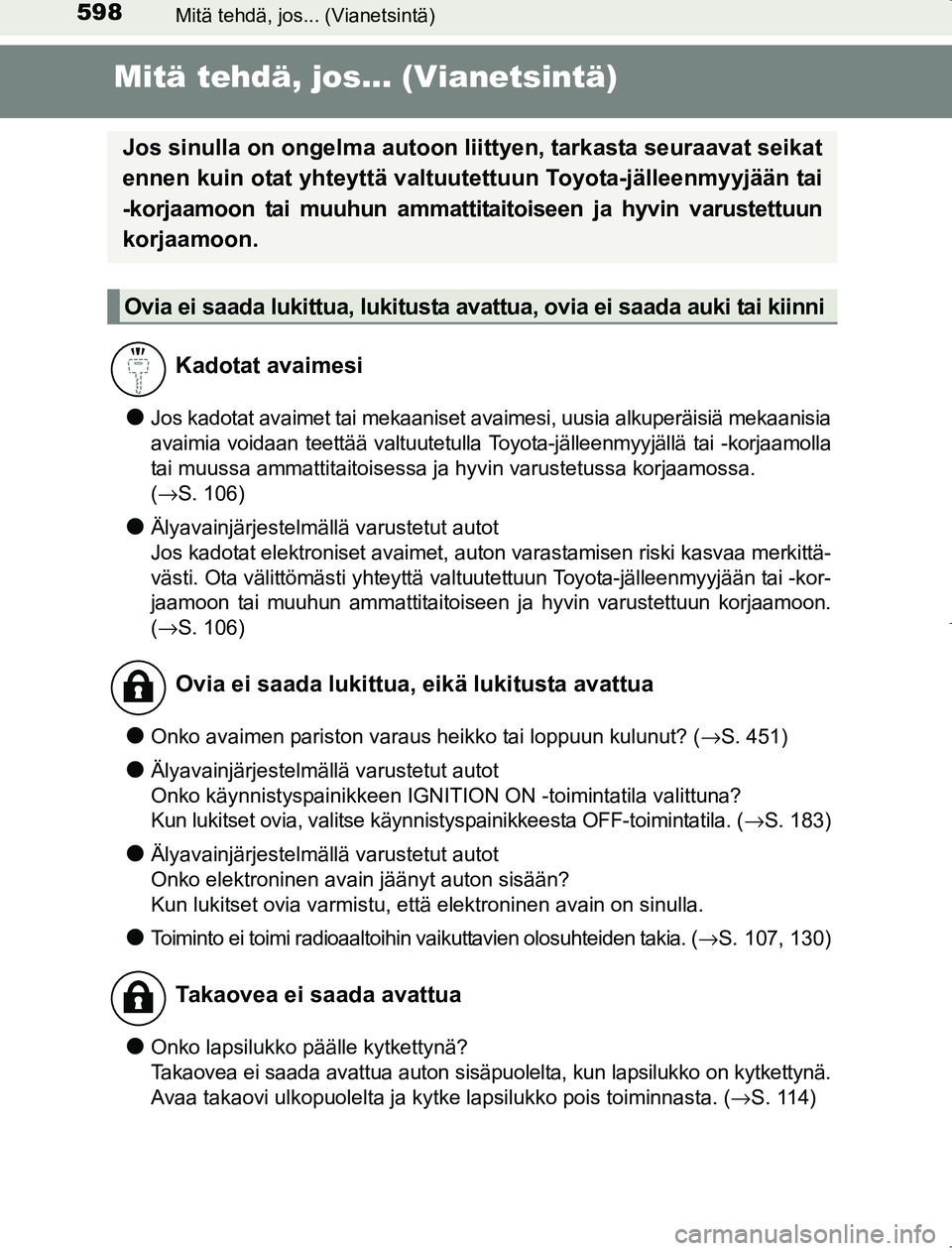 TOYOTA AVENSIS 2017  Omistajan Käsikirja (in Finnish) 598Mitä tehdä, jos... (Vianetsintä)
OM20C66FI
Mitä tehdä, jos... (Vianetsintä)
lJos kadotat avaimet tai mekaaniset avaimesi, uusia alkuperäisiä mekaanisia
avaimia voidaan teettää valtuutetul