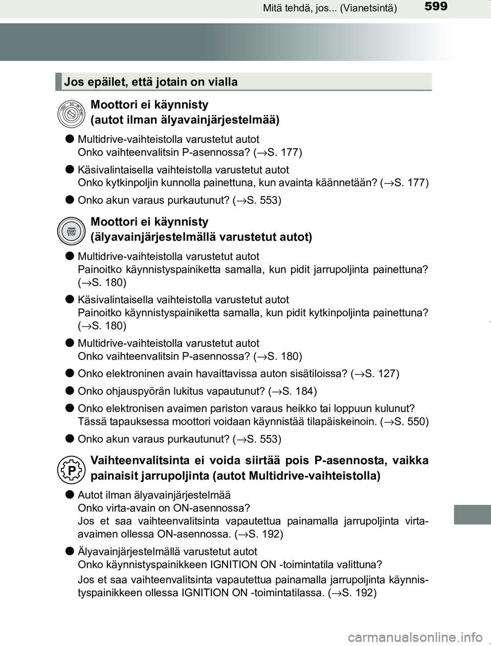 TOYOTA AVENSIS 2017  Omistajan Käsikirja (in Finnish) 599Mitä tehdä, jos... (Vianetsintä)
OM20C66FI
lMultidrive-vaihteistolla varustetut autot
Onko vaihteenvalitsin P-asennossa? ( →S. 177)
lKäsivalintaisella vaihteistolla varustetut autot
Onko kytk