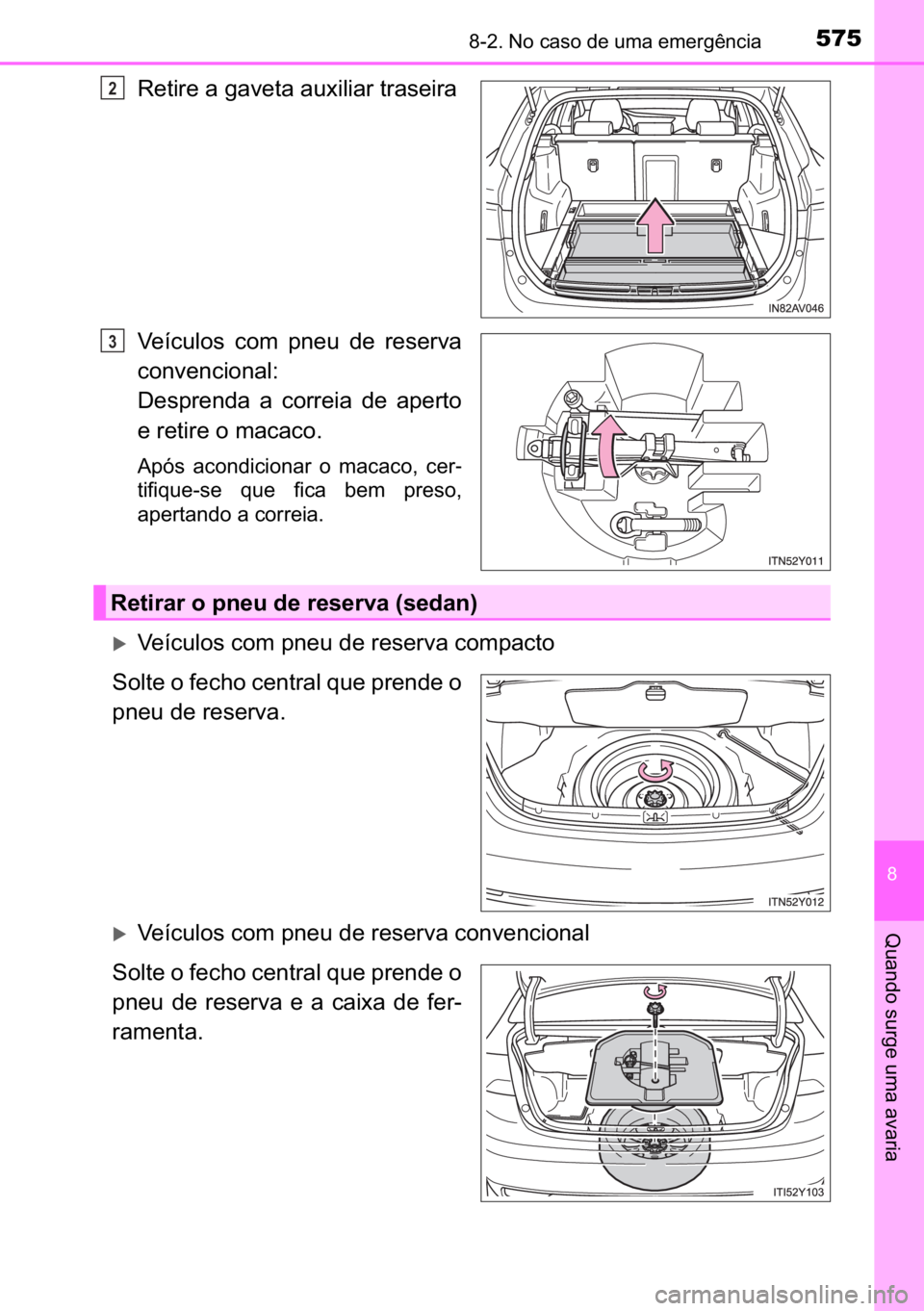 TOYOTA AVENSIS 2017  Manual de utilização (in Portuguese) 575������1�R��F�D�V�R��G�H��X�P�D��H�P�H�U�J�r�Q�F�L�D
�
�4�X�D�Q�G�R��V�X�U�J�H��X�P�D��D�Y�D�U�L�D
�5�H�W�L�U�H��D��J�D�Y�H�W�D��D�X�[�L�O�L�D�U��W�U�D�V�H�L�U�D
�9�H�t�F�X�O�R�V� 