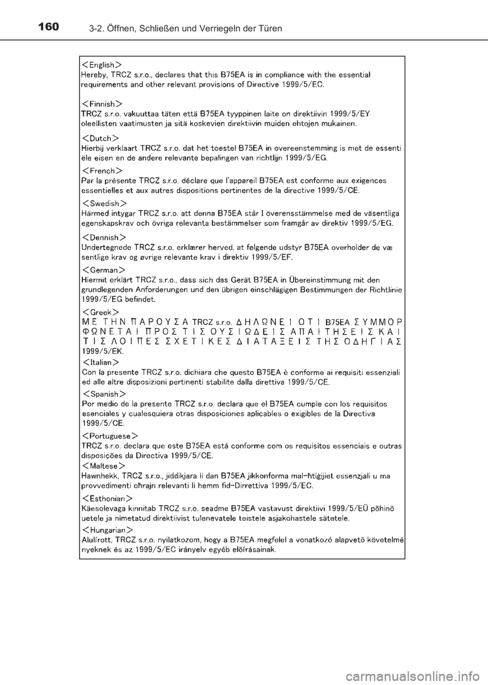 TOYOTA AVENSIS 2017  Betriebsanleitungen (in German) 1603-2. Öffnen, Schließen und Verriegeln der Türen
AVENSIS_OM_OM20C68M_(EM)
AVENSIS_OM_OM20C68M_(EM).book  Page 160  Wednesday, June 15, 2016  11:21 AM 