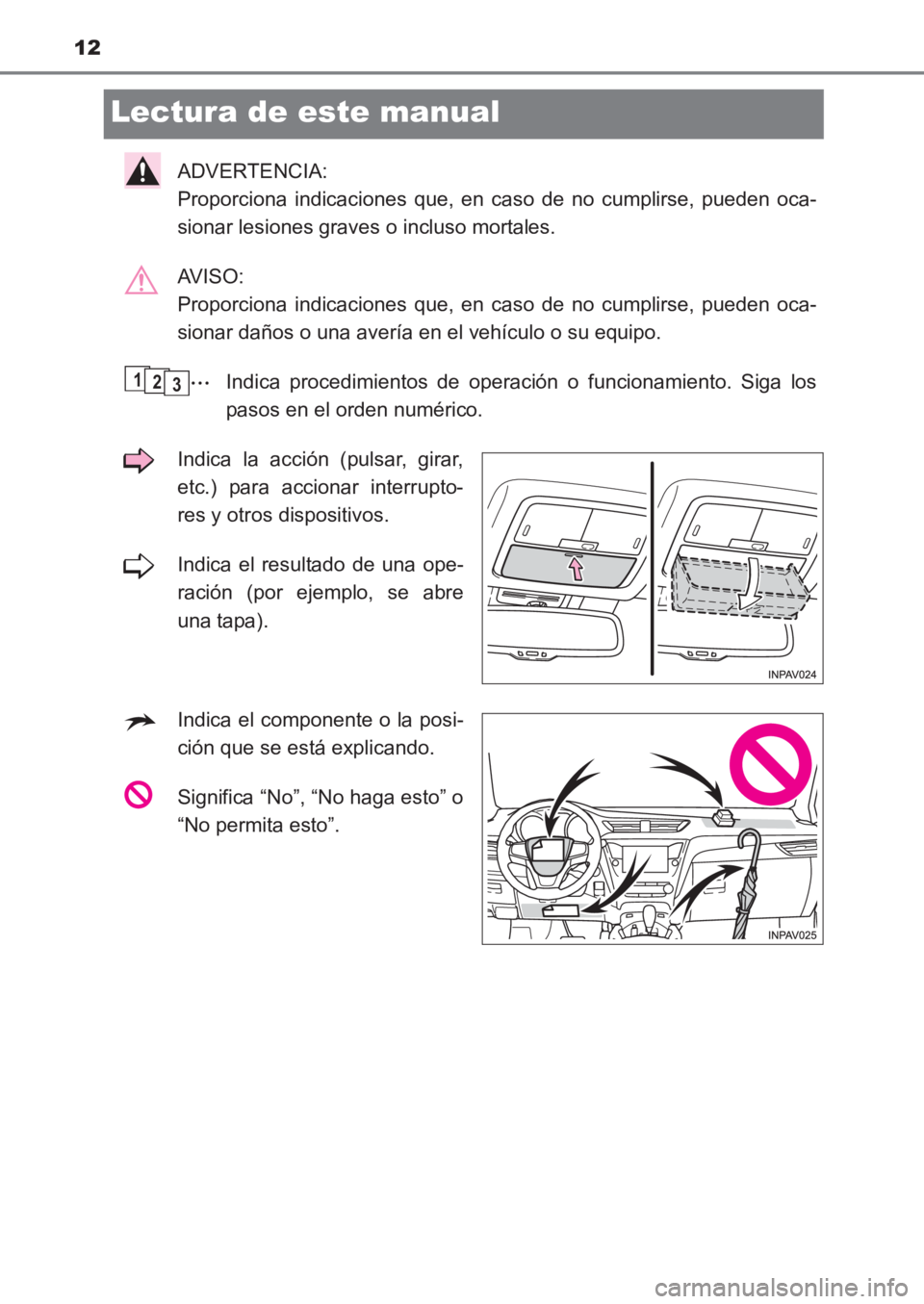 TOYOTA AVENSIS 2017  Manuale de Empleo (in Spanish) 12
AVENSIS_OM_OM20C69S_(ES)
Lectura de este manual
ADVERTENCIA: 
Proporciona indicaciones que, en caso de no cumplirse, pueden oca-
sionar lesiones graves o incluso mortales.
AV I S O :  
Proporciona 