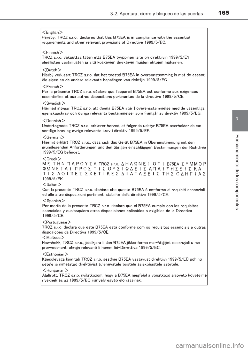 TOYOTA AVENSIS 2017  Manuale de Empleo (in Spanish) 1653-2. Apertura, cierre y bloqueo de las puertas
3
Funcionamiento de los componentes
AVENSIS_OM_OM20C69S_(ES)
AVENSIS_OM_OM20C69S_(ES).book  Page 165  Wednesday, June 15, 2016  12:26 PM 
