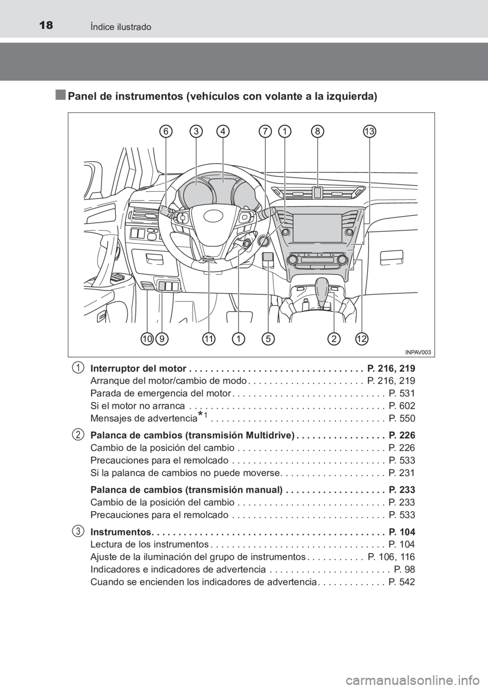 TOYOTA AVENSIS 2017 Manuale de Empleo (in Spanish) 18Índice ilustrado
AVENSIS_OM_OM20C69S_(ES)
■Panel de instrumentos (vehículos con volante a la izquierda)
Interruptor del motor . . . . . . . . . . . . . . . . . . . . . . . . . . . . . . . . . P TOYOTA AVENSIS 2017 Manuale de Empleo (in Spanish) 18Índice ilustrado
AVENSIS_OM_OM20C69S_(ES)
■Panel de instrumentos (vehículos con volante a la izquierda)
Interruptor del motor . . . . . . . . . . . . . . . . . . . . . . . . . . . . . . . . . P