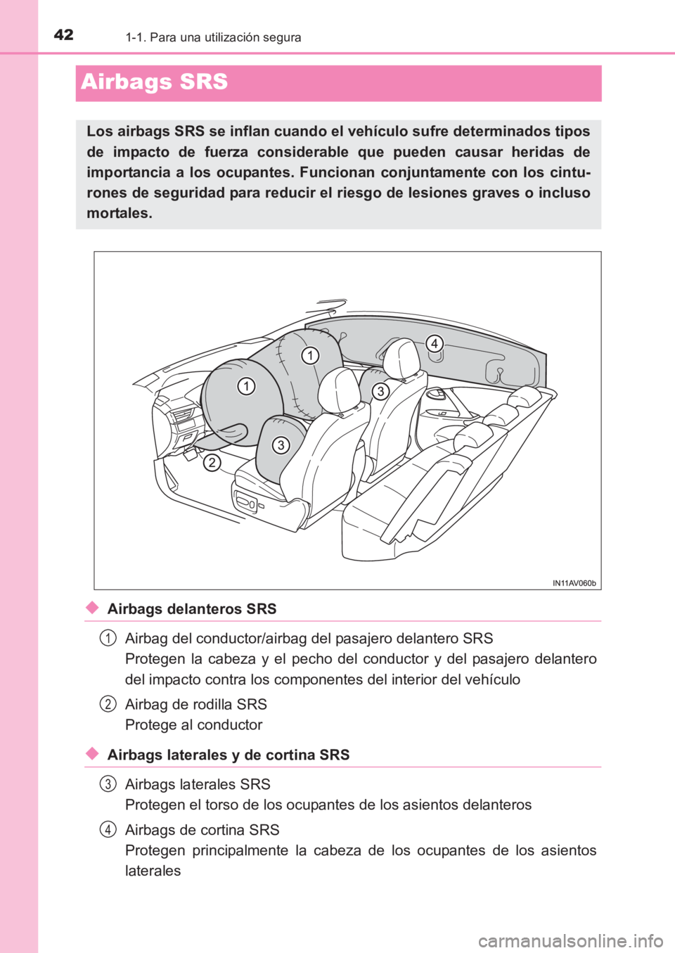 TOYOTA AVENSIS 2017  Manuale de Empleo (in Spanish) 421-1. Para una utilización segura
AVENSIS_OM_OM20C69S_(ES)
Airbags SRS
◆Airbags delanteros SRSAirbag del conductor/airbag del pasajero delantero SRS 
Protegen la cabeza y el pecho del conductor y 