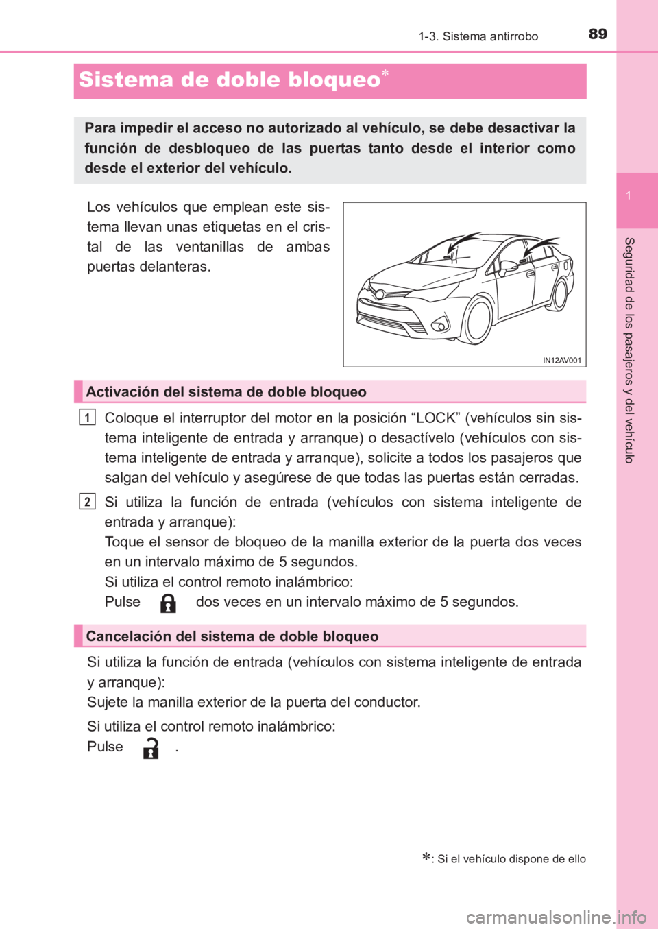 TOYOTA AVENSIS 2017  Manuale de Empleo (in Spanish) 89
1
1-3. Sistema antirrobo
AVENSIS_OM_OM20C69S_(ES)
Seguridad de los pasajeros y del vehículo
Sistema de doble bloqueo∗
Los vehículos que emplean este sis-
tema llevan unas etiquetas en el cris-
