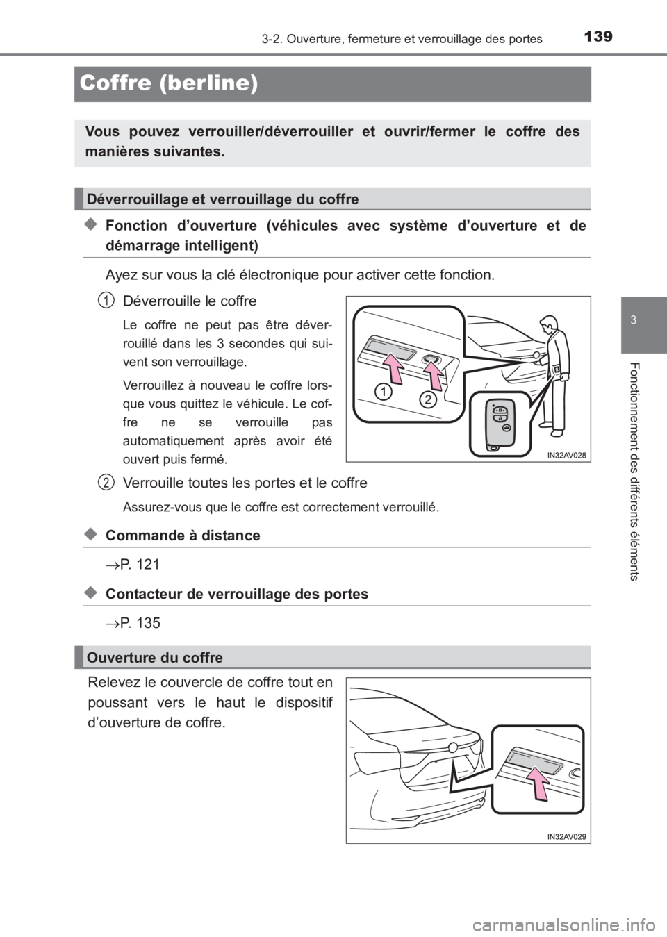 TOYOTA AVENSIS 2017 Notices Demploi (in French) 139
3
3-2. Ouverture, fermeture et verrouillage des portes
Fonctionnement des différents éléments
AVENSIS_OM_OM20C67K_(EK)
Coffre (berline)
◆Fonction d’ouverture (véhicules avec système d’o TOYOTA AVENSIS 2017 Notices Demploi (in French) 139
3
3-2. Ouverture, fermeture et verrouillage des portes
Fonctionnement des différents éléments
AVENSIS_OM_OM20C67K_(EK)
Coffre (berline)
◆Fonction d’ouverture (véhicules avec système d’o
