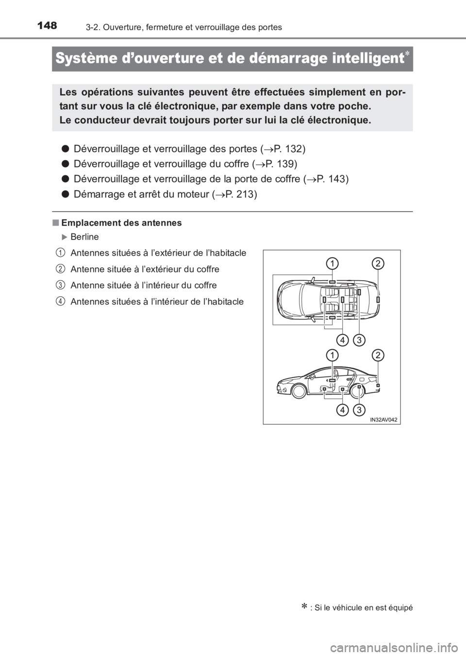 TOYOTA AVENSIS 2017  Notices Demploi (in French) 1483-2. Ouverture, fermeture et verrouillage des portes
AVENSIS_OM_OM20C67K_(EK)
Système d’ouverture et de démarrage intelligent∗
●Déverrouillage et verrouillage des portes ( →P. 132)
● D