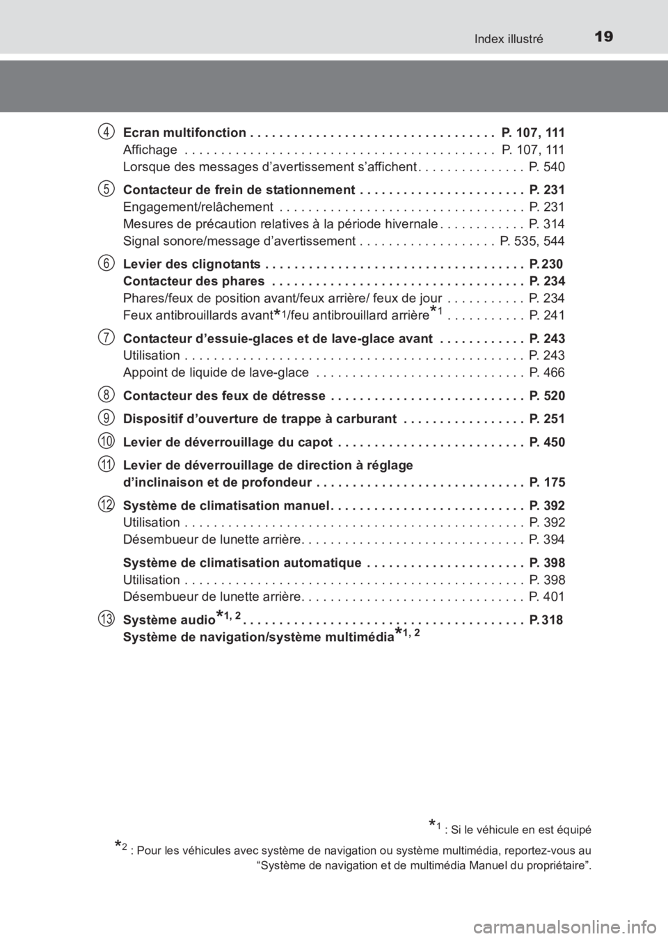 TOYOTA AVENSIS 2017  Notices Demploi (in French) 19Index illustré
AVENSIS_OM_OM20C67K_(EK)Ecran multifonction . . . . . . . . . . . . . . . . . . . . . . . . . . . . . . . . . .  P. 107, 111
Affichage  . . . . . . . . . . . . . . . . . . . . . . . 