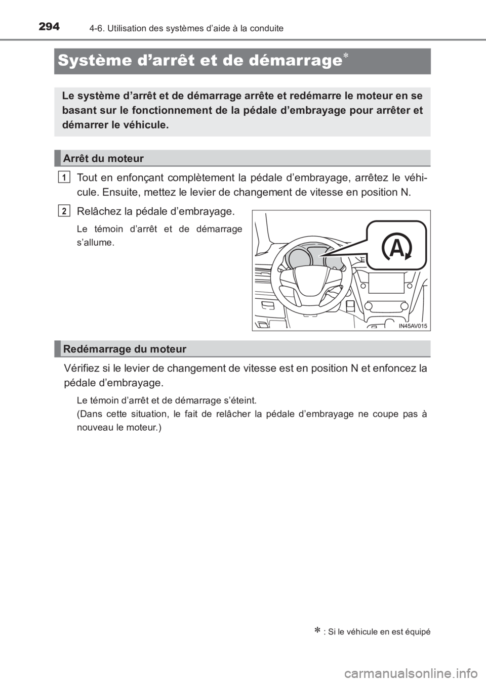 TOYOTA AVENSIS 2017  Notices Demploi (in French) 2944-6. Utilisation des systèmes d’aide à la conduite
AVENSIS_OM_OM20C67K_(EK)
Système d’arrêt et de démarrage∗
Tout en enfonçant complètement la pédale d’embrayage, arrêtez le véhi-