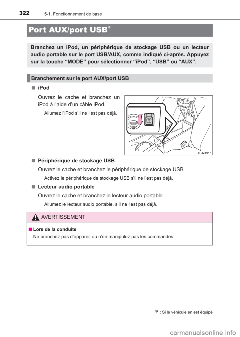 TOYOTA AVENSIS 2017  Notices Demploi (in French) 3225-1. Fonctionnement de base
AVENSIS_OM_OM20C67K_(EK)
Por t AUX/por t USB∗
■iPod
Ouvrez le cache et branchez un
iPod à l’aide d’un câble iPod.
Allumez l’iPod s’il ne l’est pas déjà