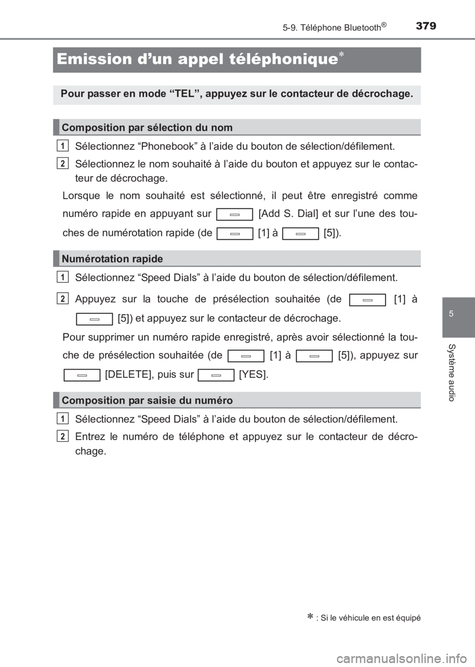 TOYOTA AVENSIS 2017 Notices Demploi (in French) 379
5
5-9. Téléphone Bluetooth®
Système audio
AVENSIS_OM_OM20C67K_(EK)
Emission d’un appel téléphonique∗
Sélectionnez “Phonebook” à l’aide du bouton de sélection/défilement.
Sélec TOYOTA AVENSIS 2017 Notices Demploi (in French) 379
5
5-9. Téléphone Bluetooth®
Système audio
AVENSIS_OM_OM20C67K_(EK)
Emission d’un appel téléphonique∗
Sélectionnez “Phonebook” à l’aide du bouton de sélection/défilement.
Sélec