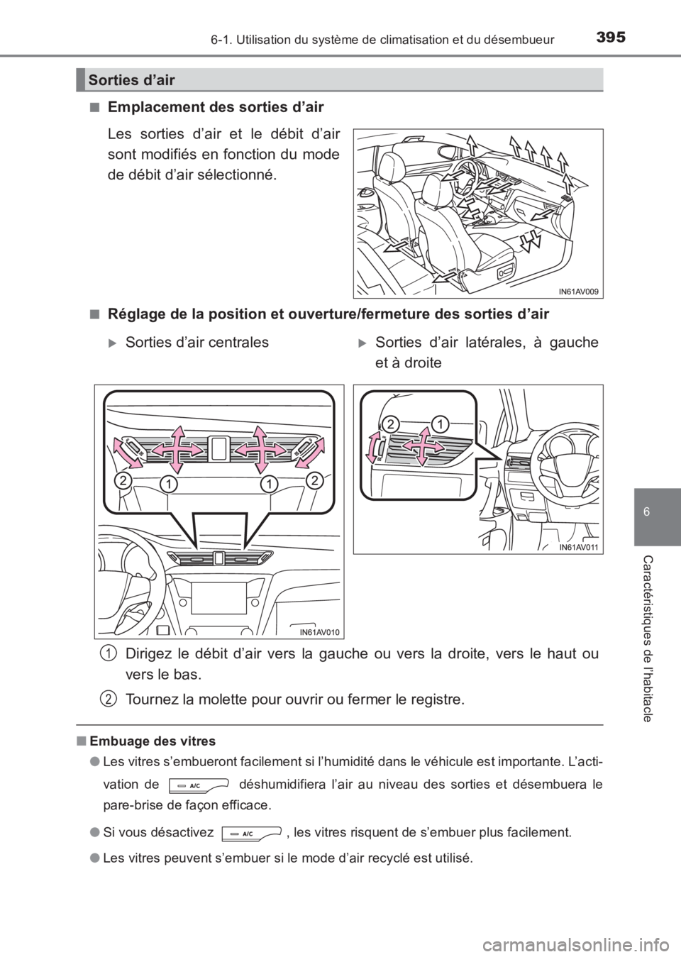 TOYOTA AVENSIS 2017  Notices Demploi (in French) 3956-1. Utilisation du système de climatisation et du désembueur
AVENSIS_OM_OM20C67K_(EK)
6
Caractéristiques de l’habitacle
■Emplacement des sorties d’air
Les sorties d’air et le débit d