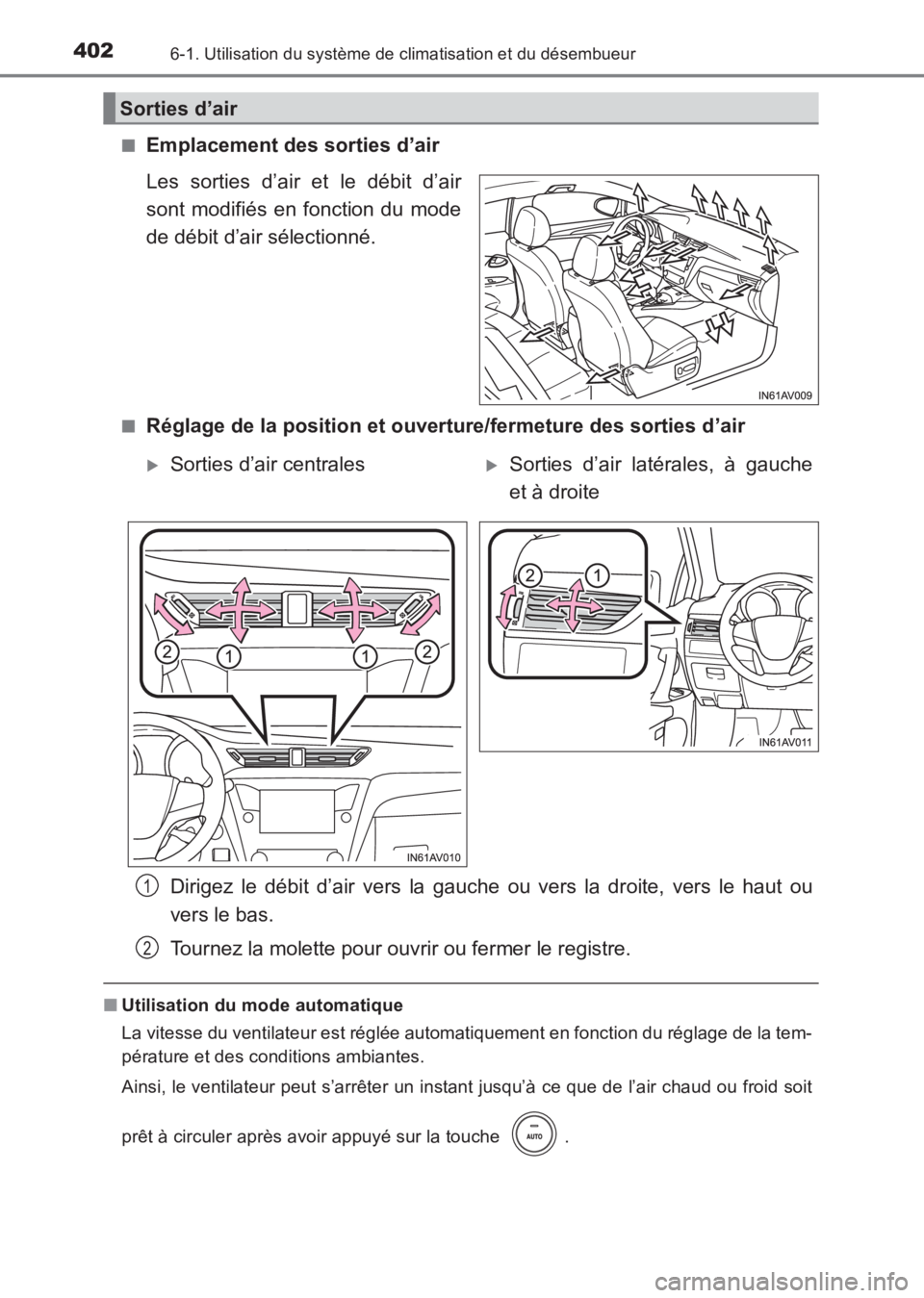 TOYOTA AVENSIS 2017  Notices Demploi (in French) 4026-1. Utilisation du système de climatisation et du désembueur
AVENSIS_OM_OM20C67K_(EK)■
Emplacement des sorties d’air
Les sorties d’air et le débit d’air
sont modifiés en fonction du mo