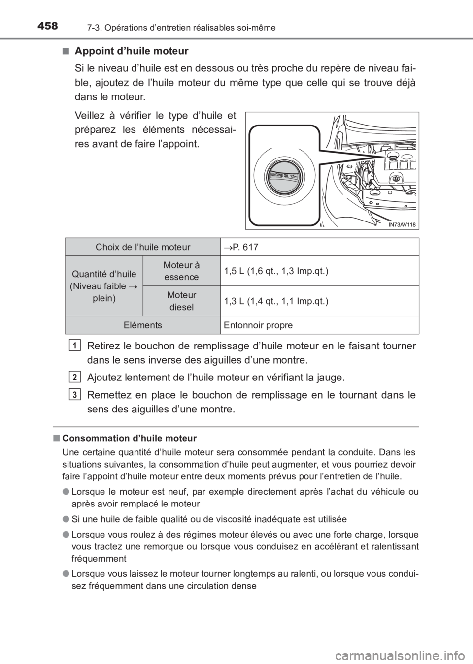 TOYOTA AVENSIS 2017 Notices Demploi (in French) 4587-3. Opérations d’entretien réalisables soi-même
AVENSIS_OM_OM20C67K_(EK)■
Appoint d’huile moteur
Si le niveau d’huile est en dessous ou très proche du repère de niveau fai-
ble, ajout TOYOTA AVENSIS 2017 Notices Demploi (in French) 4587-3. Opérations d’entretien réalisables soi-même
AVENSIS_OM_OM20C67K_(EK)■
Appoint d’huile moteur
Si le niveau d’huile est en dessous ou très proche du repère de niveau fai-
ble, ajout