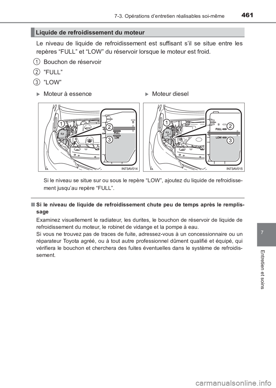 TOYOTA AVENSIS 2017 Notices Demploi (in French) 4617-3. Opérations d’entretien réalisables soi-même
AVENSIS_OM_OM20C67K_(EK)
7
Entretien et soins
Le niveau de liquide de refroidissement est suffisant s’il se situe entre les
repères “FULL TOYOTA AVENSIS 2017 Notices Demploi (in French) 4617-3. Opérations d’entretien réalisables soi-même
AVENSIS_OM_OM20C67K_(EK)
7
Entretien et soins
Le niveau de liquide de refroidissement est suffisant s’il se situe entre les
repères “FULL