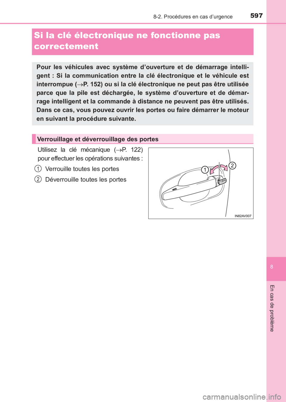 TOYOTA AVENSIS 2017  Notices Demploi (in French) 5978-2. Procédures en cas d’urgence
AVENSIS_OM_OM20C67K_(EK)
8
En cas de problème
Si la clé électronique ne fonctionne pas 
correctement
Utilisez la clé mécanique (→P. 122)
pour effectuer le
