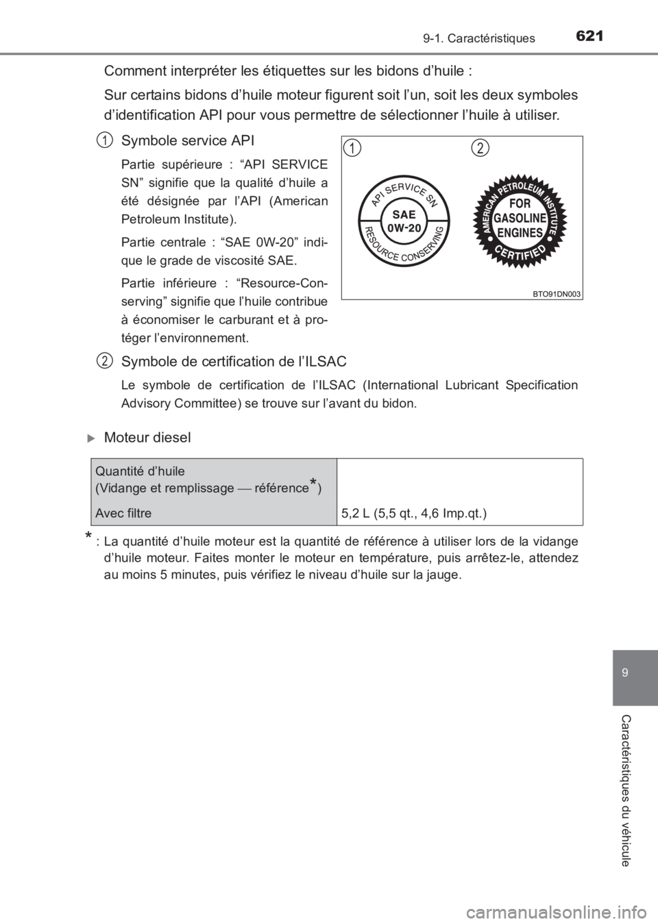 TOYOTA AVENSIS 2017  Notices Demploi (in French) 6219-1. Caractéristiques
AVENSIS_OM_OM20C67K_(EK)
9
Caractéristiques du véhicule
Comment interpréter les étiquettes sur les bidons d’huile :
Sur certains bidons d’huile moteur figurent soit l