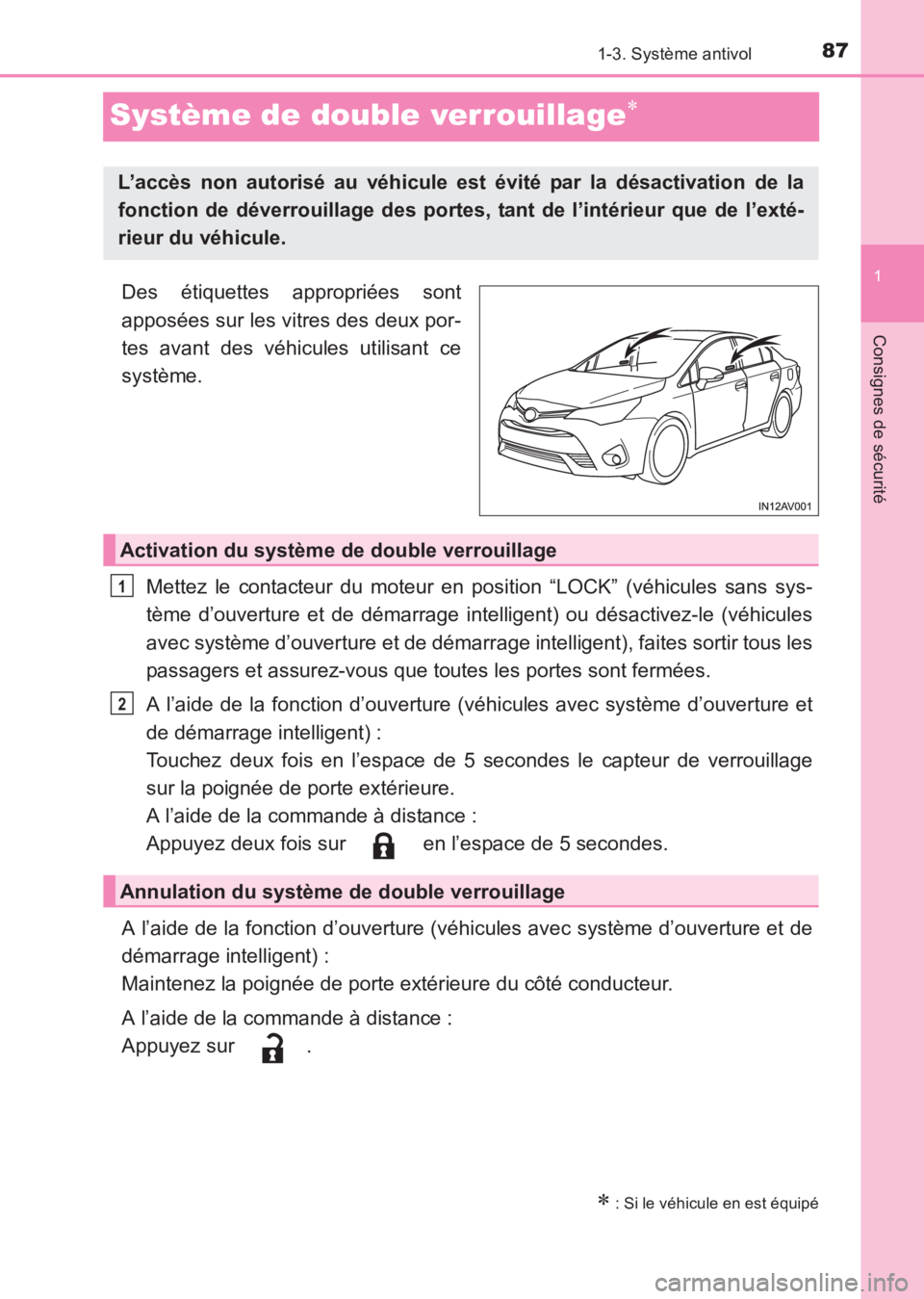 TOYOTA AVENSIS 2017 Notices Demploi (in French) 87
1
1-3. Système antivol
AVENSIS_OM_OM20C67K_(EK)
Consignes de sécurité
Système de double verrouillage∗
Des étiquettes appropriées sont
apposées sur les vitres des deux por-
tes avant des v TOYOTA AVENSIS 2017 Notices Demploi (in French) 87
1
1-3. Système antivol
AVENSIS_OM_OM20C67K_(EK)
Consignes de sécurité
Système de double verrouillage∗
Des étiquettes appropriées sont
apposées sur les vitres des deux por-
tes avant des v