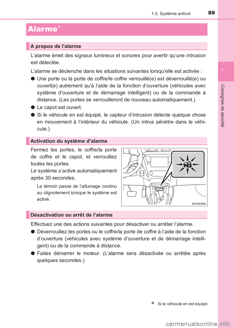 TOYOTA AVENSIS 2017 Notices Demploi (in French) 89
1
1-3. Système antivol
AVENSIS_OM_OM20C67K_(EK)
Consignes de sécurité
Alar me∗
L’alarme émet des signaux lumineux et sonores pour avertir qu’une intrusion
est détectée.
L’alarme se d TOYOTA AVENSIS 2017 Notices Demploi (in French) 89
1
1-3. Système antivol
AVENSIS_OM_OM20C67K_(EK)
Consignes de sécurité
Alar me∗
L’alarme émet des signaux lumineux et sonores pour avertir qu’une intrusion
est détectée.
L’alarme se d