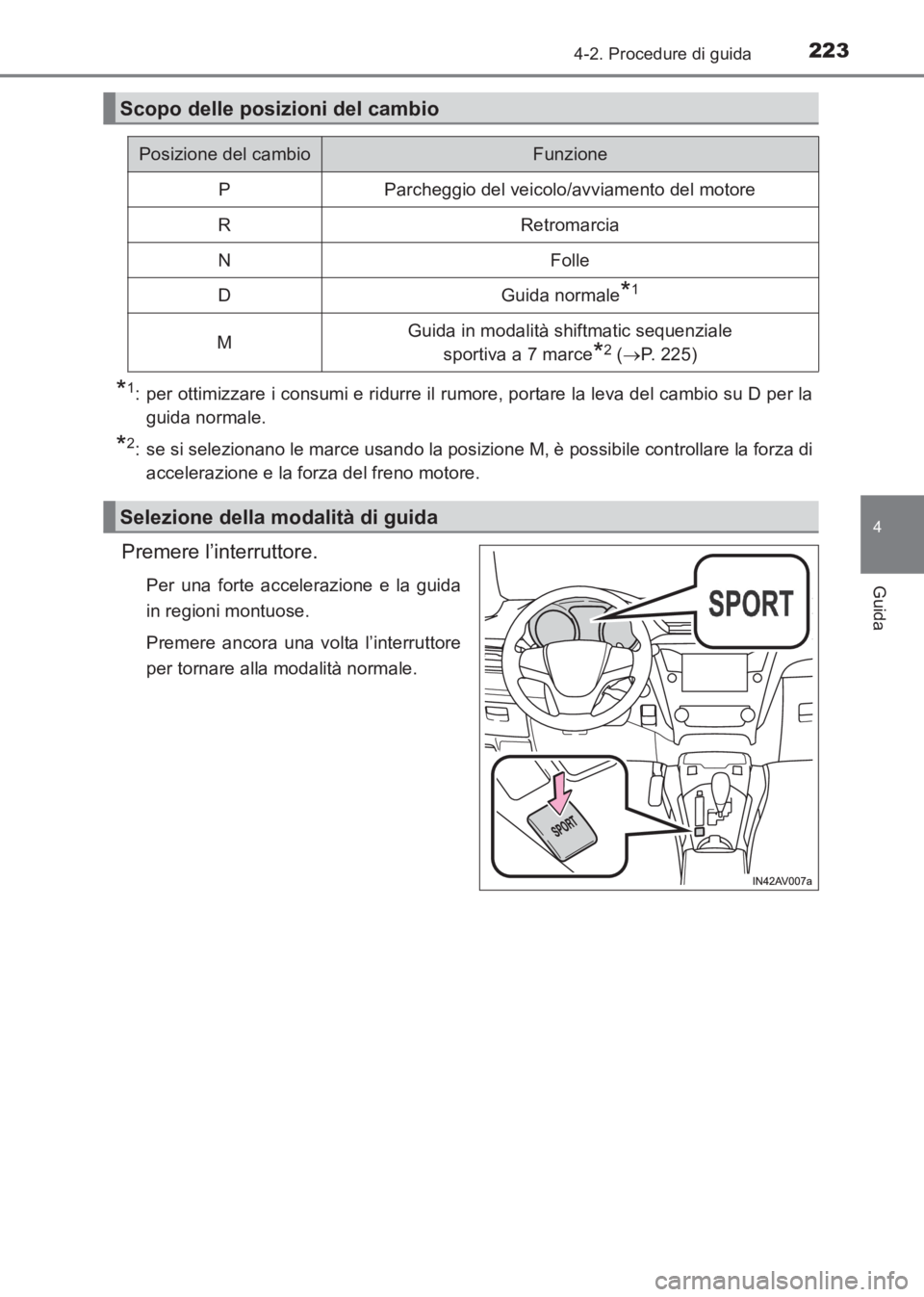 TOYOTA AVENSIS 2017  Manuale duso (in Italian) 2234-2. Procedure di guida
4
Guida
AVENSIS_OM_OM20C70L_(EL)
*1: per ottimizzare i consumi e ridurre il rumore, portare la leva del cambio su D per laguida normale.
*2: se si selezionano le marce usand