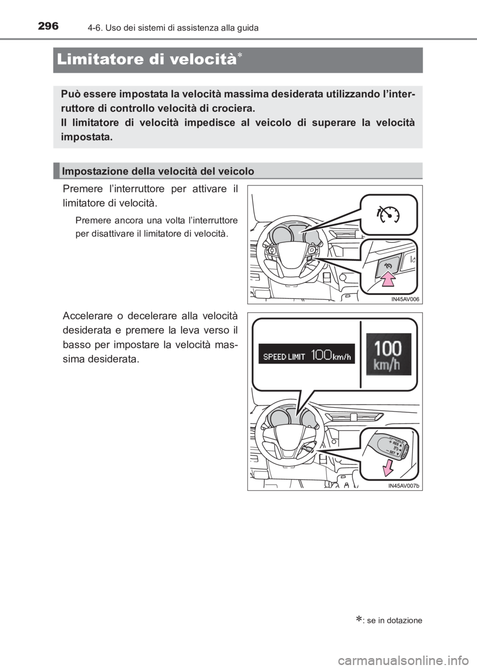 TOYOTA AVENSIS 2017  Manuale duso (in Italian) 2964-6. Uso dei sistemi di assistenza alla guida
AVENSIS_OM_OM20C70L_(EL)
Limitatore di velocità∗
Premere l’interruttore per attivare il
limitatore di velocità.
Premere ancora una volta l’inte