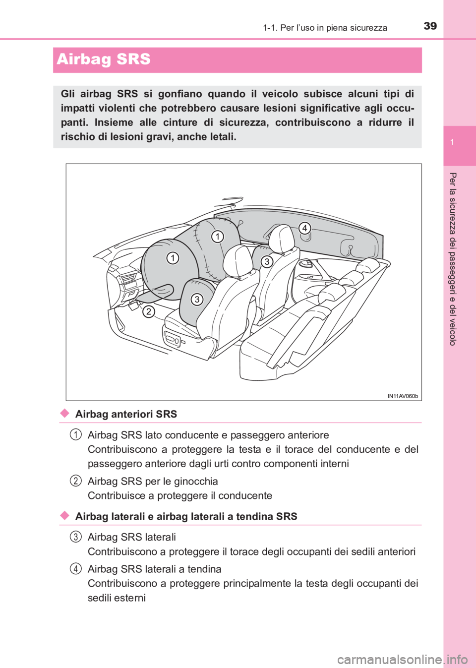 TOYOTA AVENSIS 2017  Manuale duso (in Italian) 391-1. Per l’uso in piena sicurezza
1
Per la sicurezza dei passeggeri e del veicolo
AVENSIS_OM_OM20C70L_(EL)
Airbag SRS
◆Airbag anteriori SRSAirbag SRS lato conducente e passeggero anteriore 
Cont