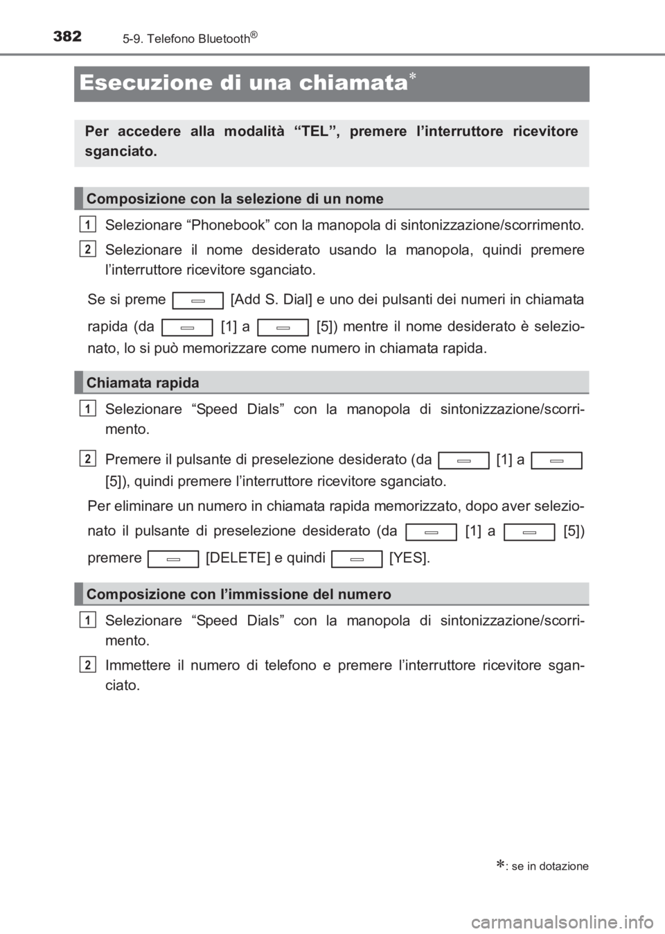 TOYOTA AVENSIS 2017  Manuale duso (in Italian) 3825-9. Telefono Bluetooth®
AVENSIS_OM_OM20C70L_(EL)
Esecuzione di una chiamata∗
Selezionare “Phonebook” con la manopola di sintonizzazione/scorrimento.
Selezionare il nome desiderato usando la