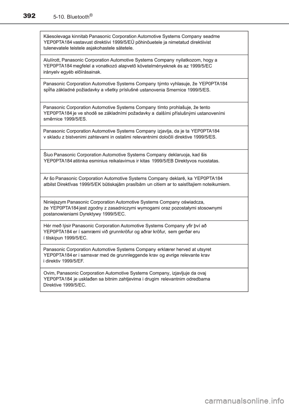 TOYOTA AVENSIS 2017  Manuale duso (in Italian) 3925-10. Bluetooth®
AVENSIS_OM_OM20C70L_(EL)
AVENSIS_OM_OM20C70L_(EL).book  Page 392  Wednesday, June 15, 2016  2:44 PM 