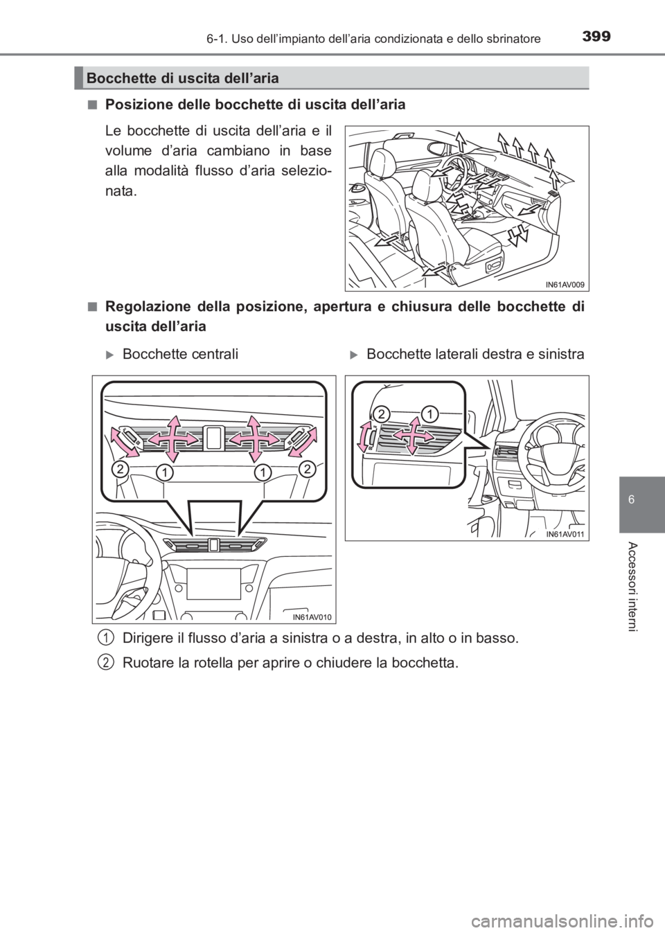 TOYOTA AVENSIS 2017  Manuale duso (in Italian) 3996-1. Uso dell’impianto dell’aria condizionata e dello sbrinatore
AVENSIS_OM_OM20C70L_(EL)
6
Accessori interni
■Posizione delle bocchette di uscita dell’aria
Le bocchette di uscita dell’ar