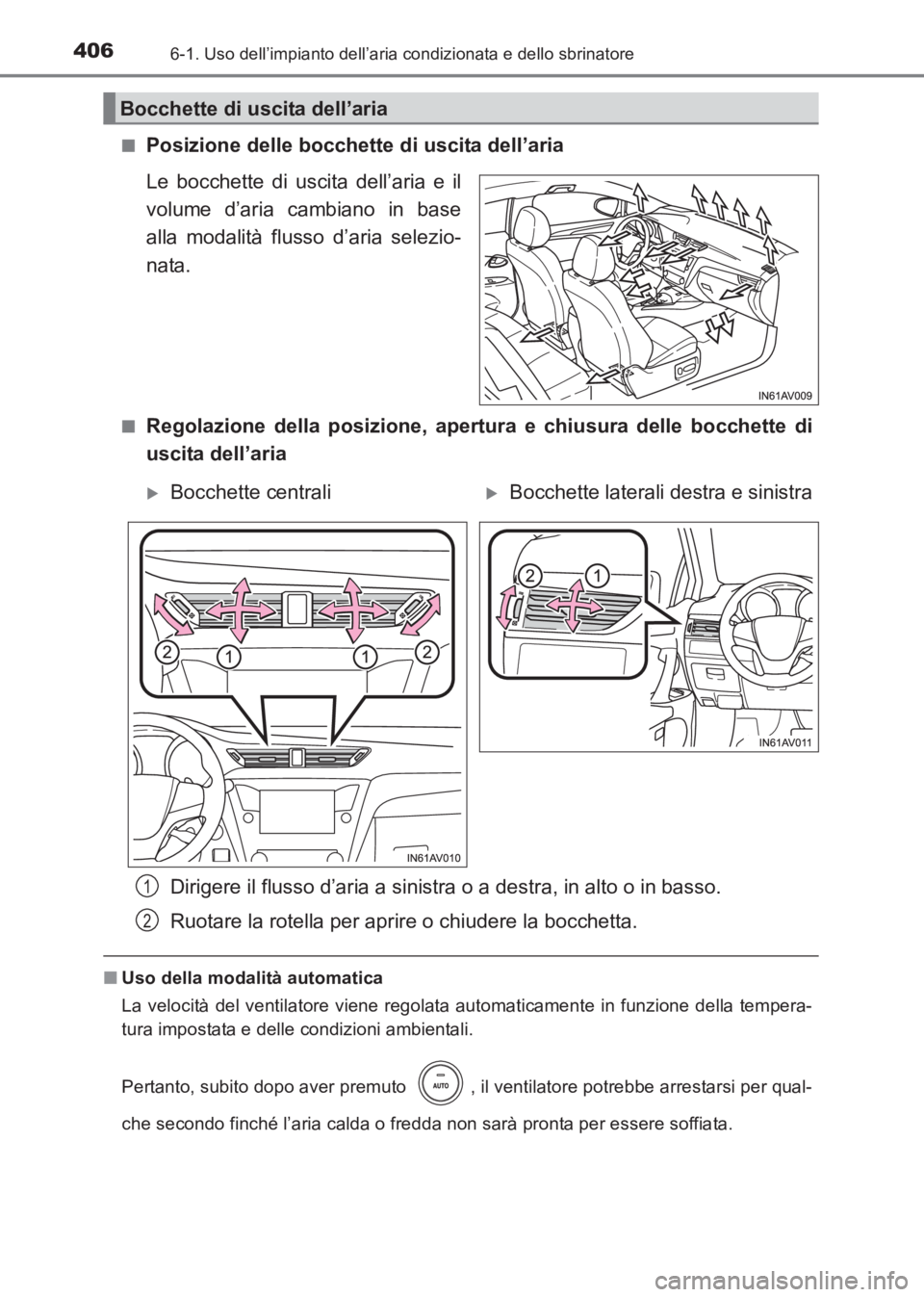 TOYOTA AVENSIS 2017  Manuale duso (in Italian) 4066-1. Uso dell’impianto dell’aria condizionata e dello sbrinatore
AVENSIS_OM_OM20C70L_(EL)■
Posizione delle bocchette di uscita dell’aria
Le bocchette di uscita dell’aria e il
volume d’a