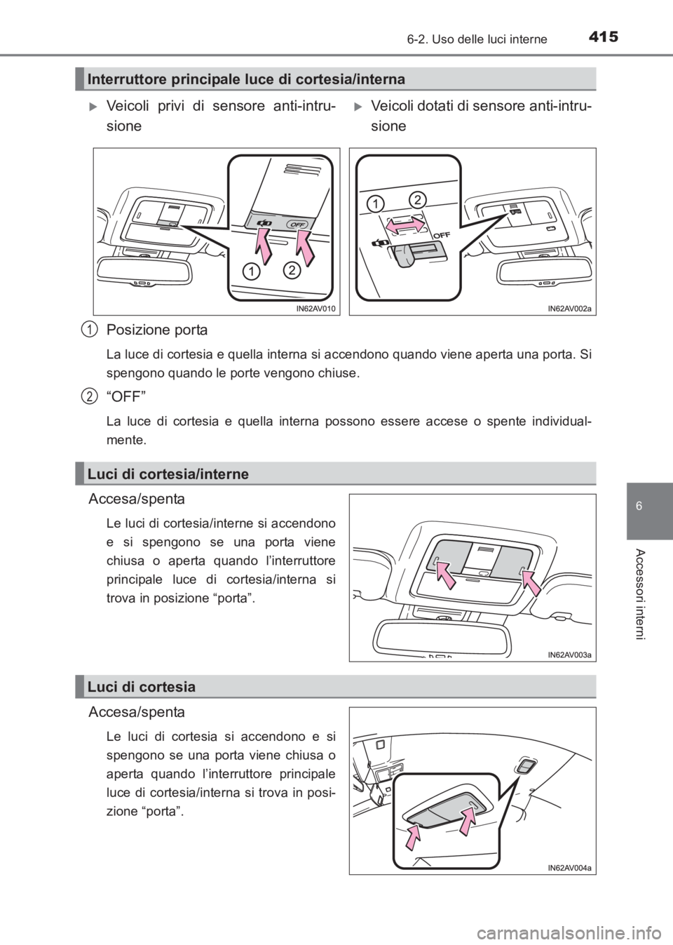 TOYOTA AVENSIS 2017  Manuale duso (in Italian) 4156-2. Uso delle luci interne
AVENSIS_OM_OM20C70L_(EL)
6
Accessori interni
Posizione porta
La luce di cortesia e quella interna si accendono quando viene aperta una porta. Si
spengono quando le porte