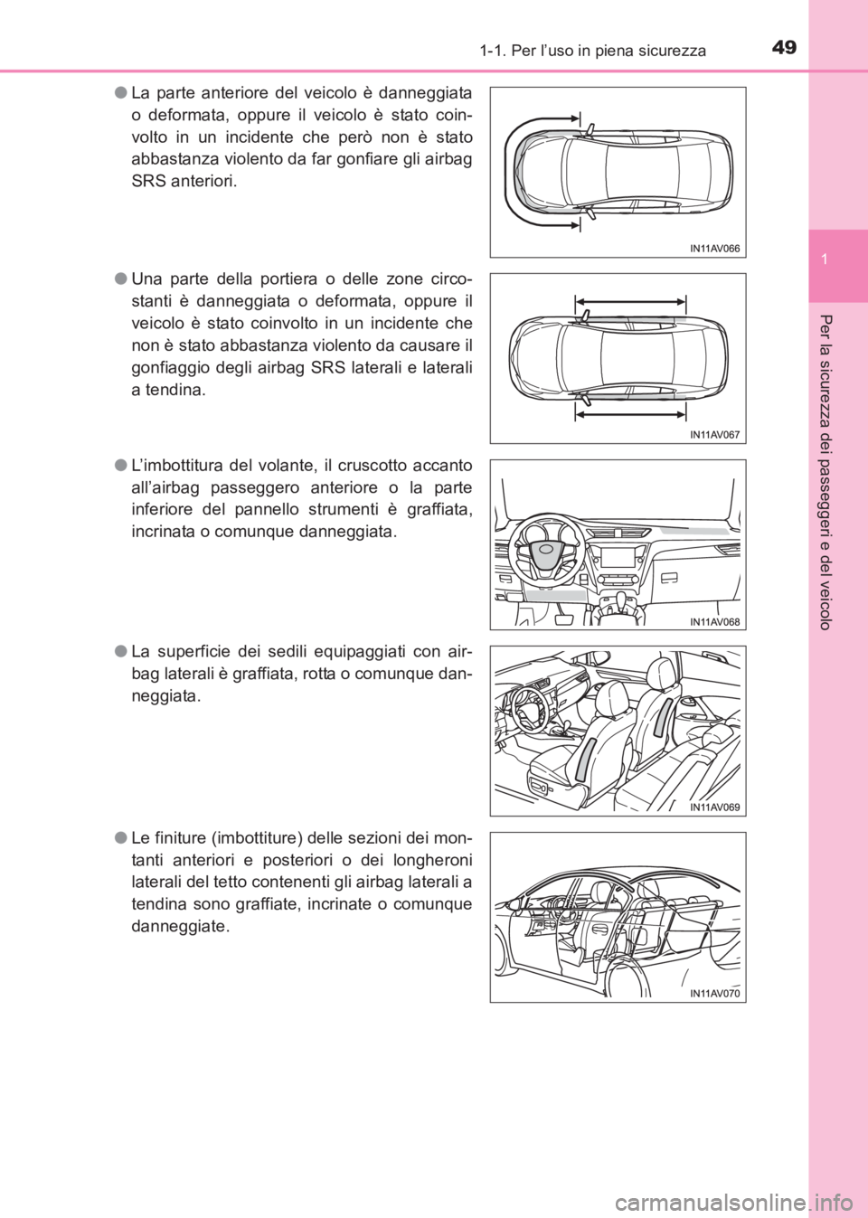 TOYOTA AVENSIS 2017  Manuale duso (in Italian) 491-1. Per l’uso in piena sicurezza
1
AVENSIS_OM_OM20C70L_(EL)
Per la sicurezza dei passeggeri e del veicolo
●La parte anteriore del veicolo è danneggiata
o deformata, oppure il veicolo è stato 