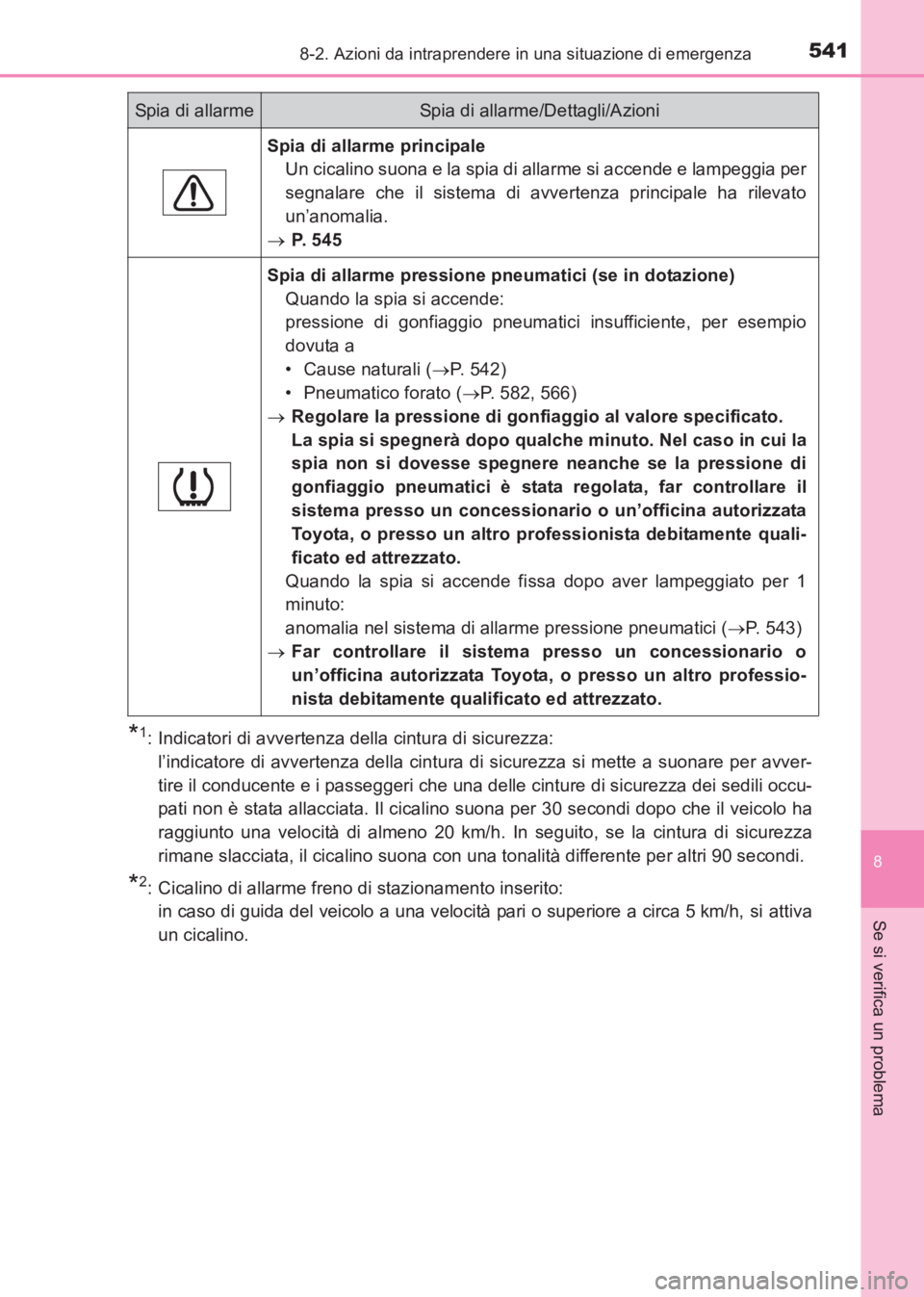 TOYOTA AVENSIS 2017  Manuale duso (in Italian) 5418-2. Azioni da intraprendere in una situazione di emergenza
AVENSIS_OM_OM20C70L_(EL)
8
Se si verifica un problema
*1: Indicatori di avvertenza della cintura di sicurezza: l’indicatore di avverten
