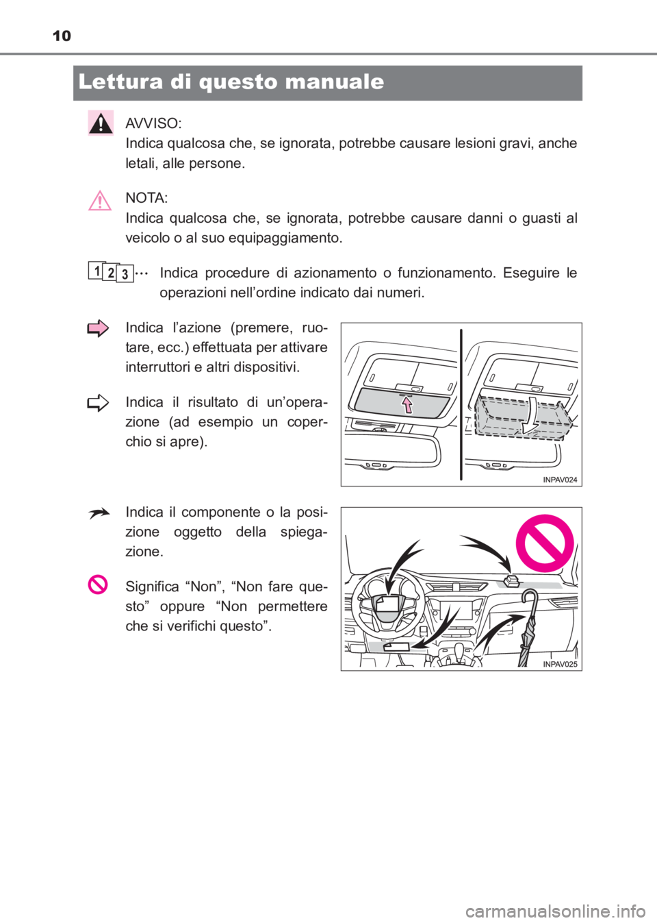 TOYOTA AVENSIS 2017  Manuale duso (in Italian) 10
AVENSIS_OM_OM20C70L_(EL)
Lettura di questo manuale
AVVISO: 
Indica qualcosa che, se ignorata, potrebbe causare lesioni gravi, anche
letali, alle persone.
NOTA: 
Indica qualcosa che, se ignorata, po