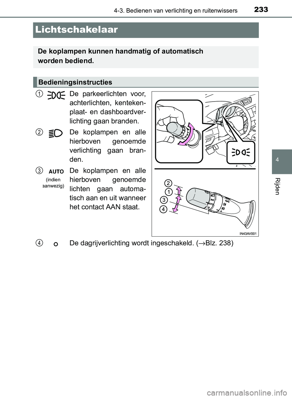 TOYOTA AVENSIS 2017  Instructieboekje (in Dutch) 233
4
4-3. Bedienen van verlichting en ruitenwissers
Rijden
AVENSIS_OM_OM20C66E_(EE)
Lichtschakelaar
De  parkeerlichten  voor,
achterlichten,  kenteken-
plaat-  en  dashboardver-
lichting gaan branden
