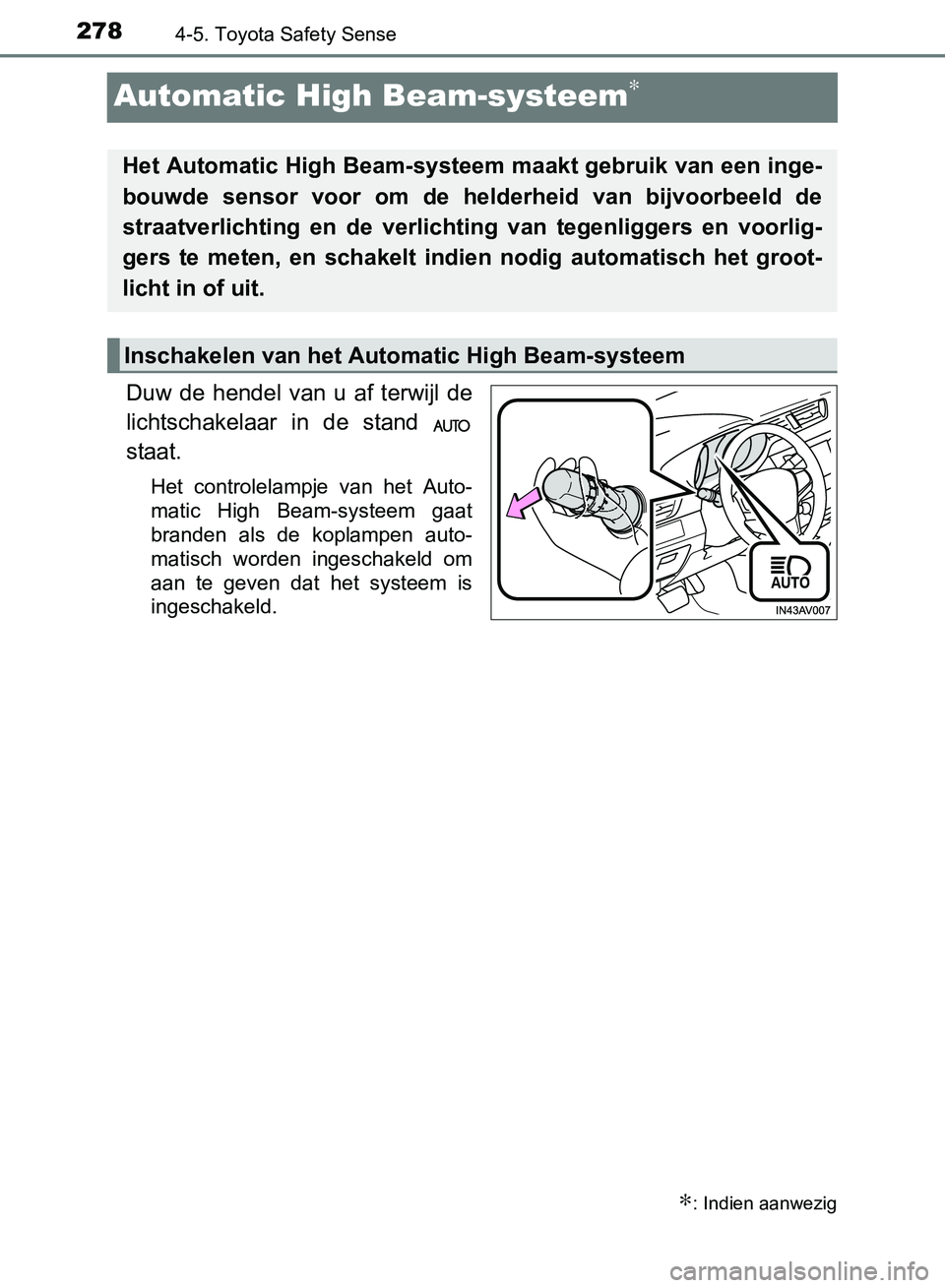 TOYOTA AVENSIS 2017  Instructieboekje (in Dutch) 2784-5. Toyota Safety Sense
AVENSIS_OM_OM20C66E_(EE)
Automatic High Beam-systeem∗
Duw  de  hendel  van  u  af  terwijl  de
lichtschakelaar  in  de  stand 
staat.
Het  controlelampje  van  het  Auto-