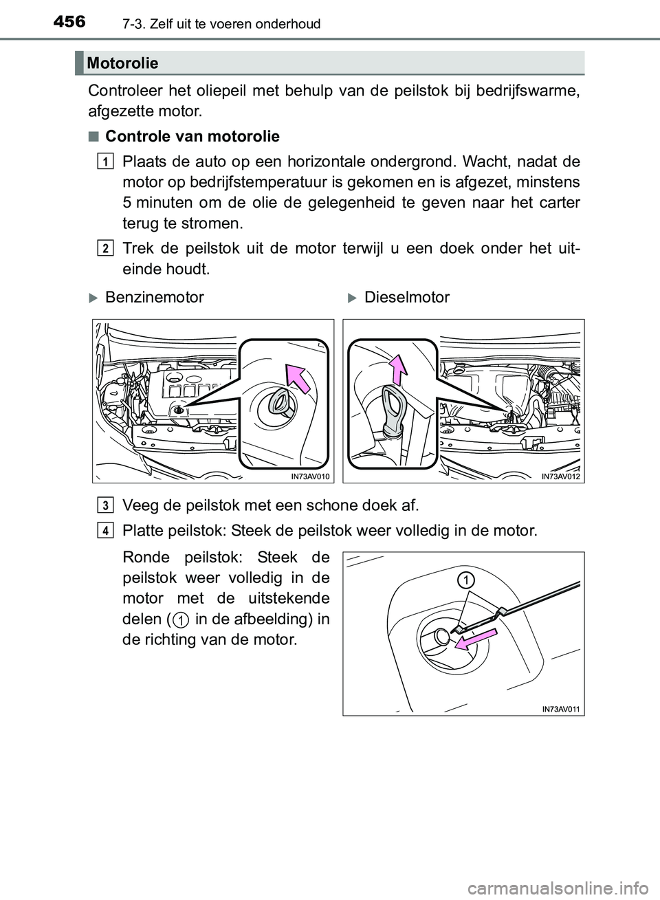 TOYOTA AVENSIS 2017  Instructieboekje (in Dutch) 4567-3. Zelf uit te voeren onderhoud
AVENSIS_OM_OM20C66E_(EE)
Controleer  het  oliepeil  met  behulp  van  de  peilstok  bij  bedrijfswarme,
afgezette motor.
■Controle van motorolie
Plaats  de  auto