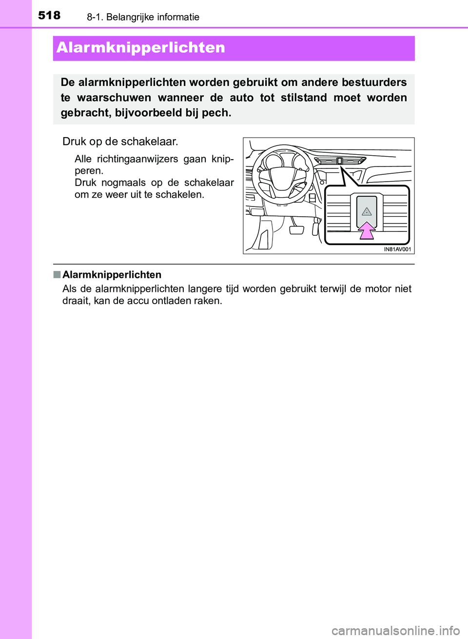 TOYOTA AVENSIS 2017  Instructieboekje (in Dutch) 5188-1. Belangrijke informatie
AVENSIS_OM_OM20C66E_(EE)
Alar mknipperlichten
Druk op de schakelaar.
Alle  richtingaanwijzers  gaan  knip-
peren. 
Druk  nogmaals  op  de  schakelaar
om ze weer uit te s