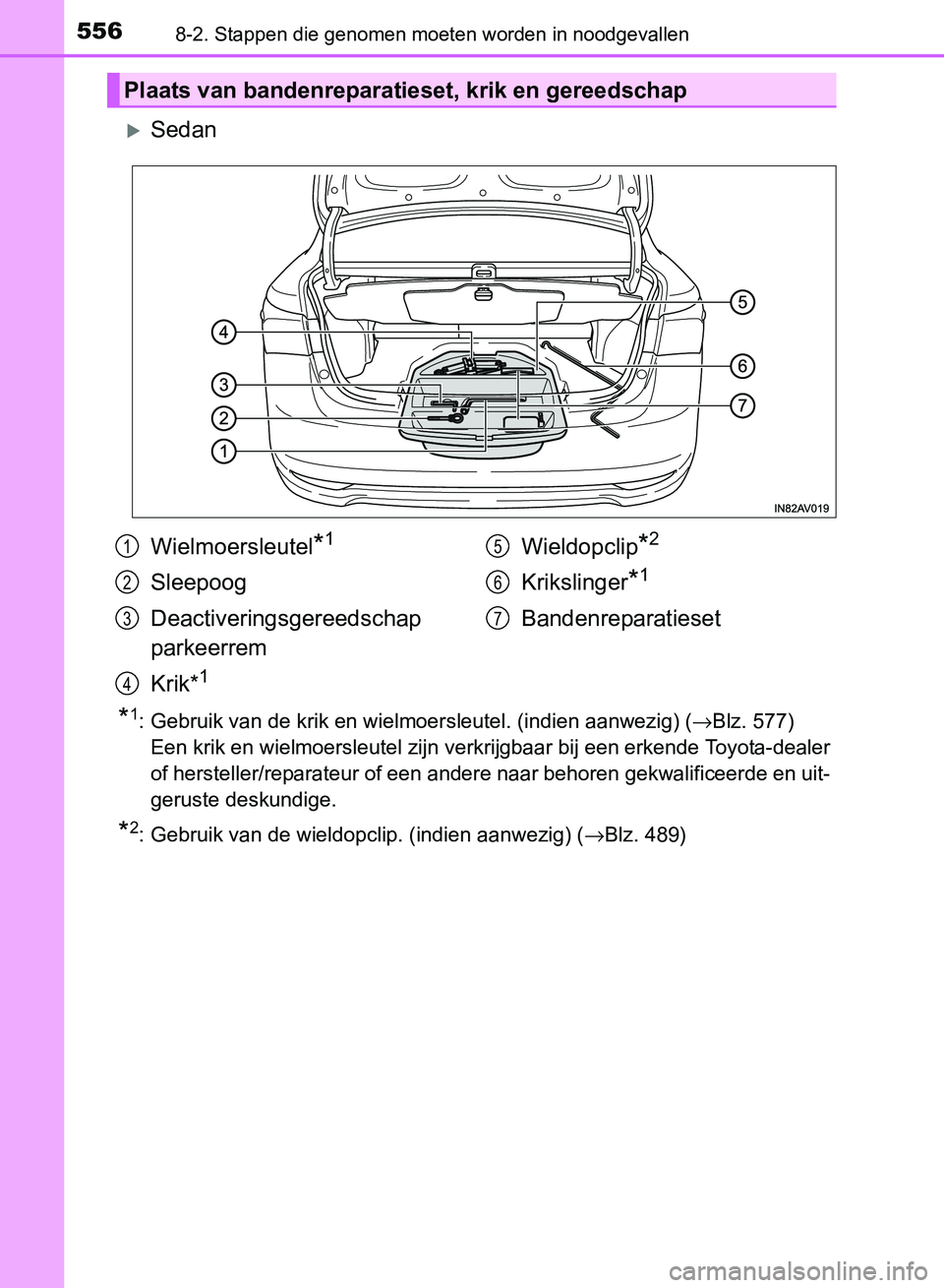 TOYOTA AVENSIS 2017  Instructieboekje (in Dutch) 5568-2. Stappen die genomen moeten worden in noodgevallen
AVENSIS_OM_OM20C66E_(EE)
Sedan
*1: Gebruik van de krik en wielmoersleutel. (indien aanwezig) (→Blz. 577)
Een krik en wielmoersleutel zijn