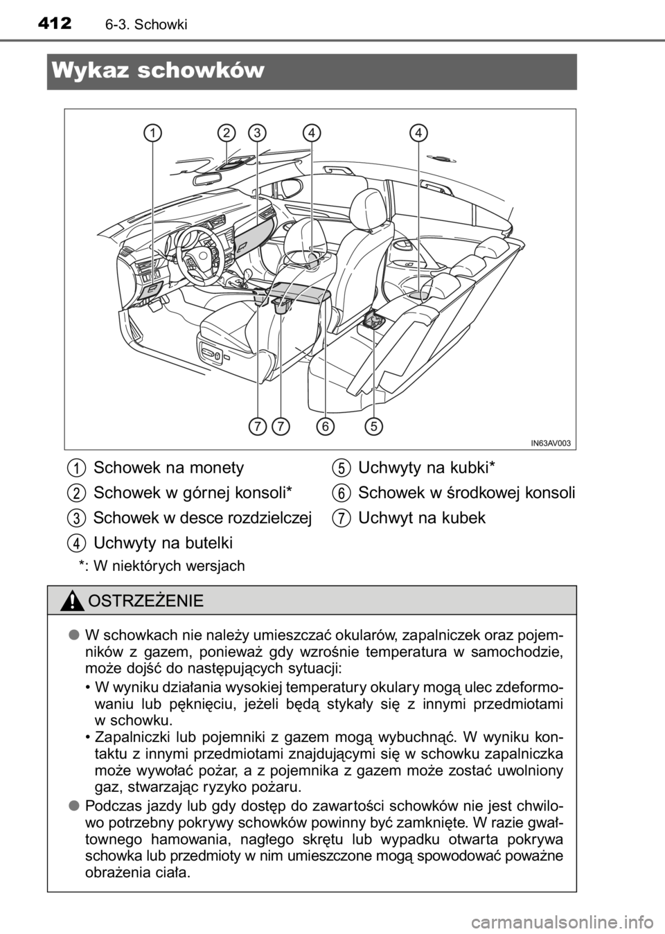 TOYOTA AVENSIS 2017  Instrukcja obsługi (in Polish) Schowek na monety
Schowek w górnej konsoli*
Schowek w desce rozdzielczej
Uchwyty na butelki
*: W niektórych wersjach
Uchwyty na kubki*
Schowek w Êrodkowej konsoli
Uchwyt na kubek
4126-3. Schowki
Wy