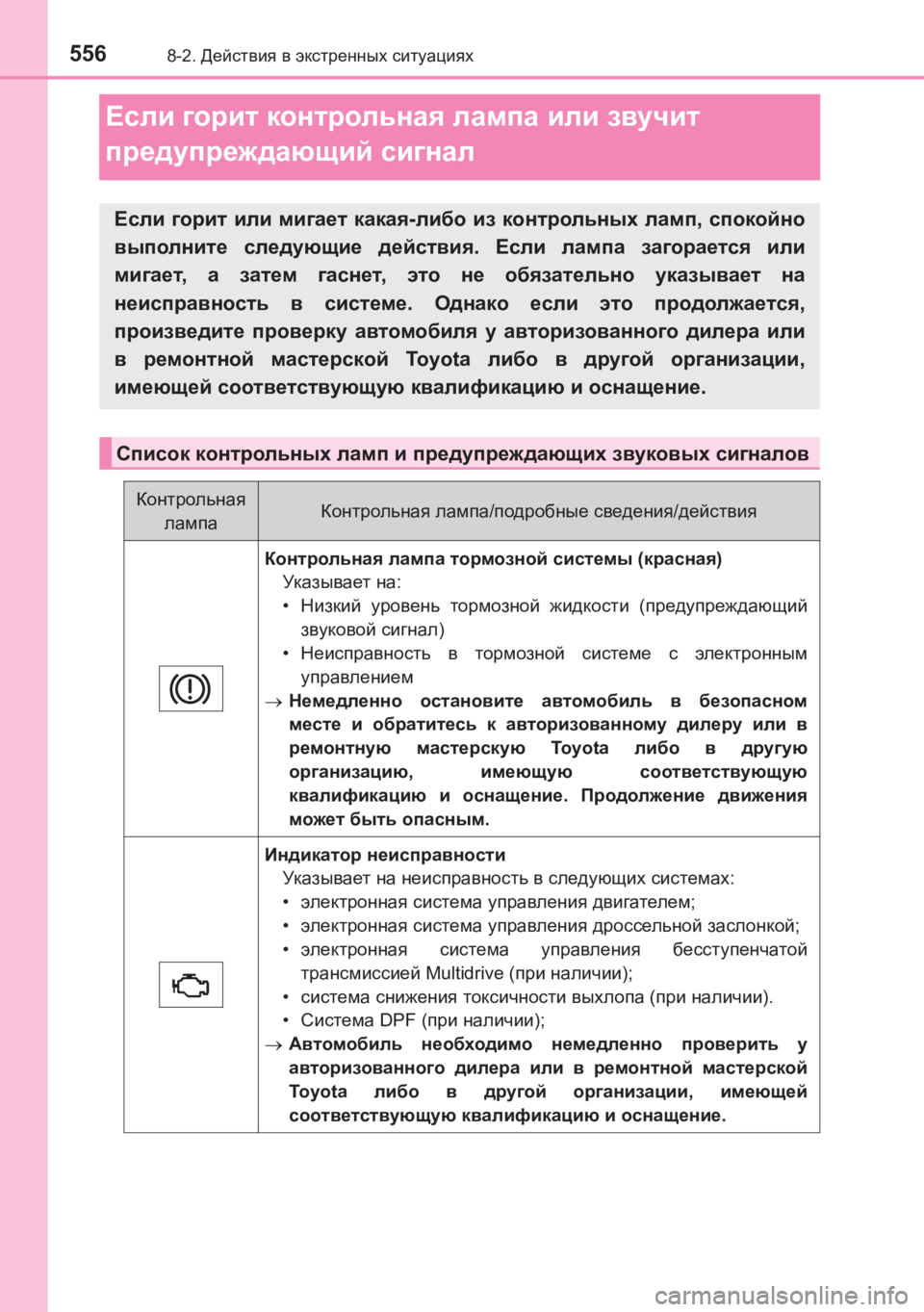 TOYOTA AVENSIS 2017  Руково 5568-2. Действия  в  экстренных  ситуациях
AVENSIS_OM_OM20C74R_(RR)
Если  горит  контрольная  лампа  или  звучит  
предупрежда
