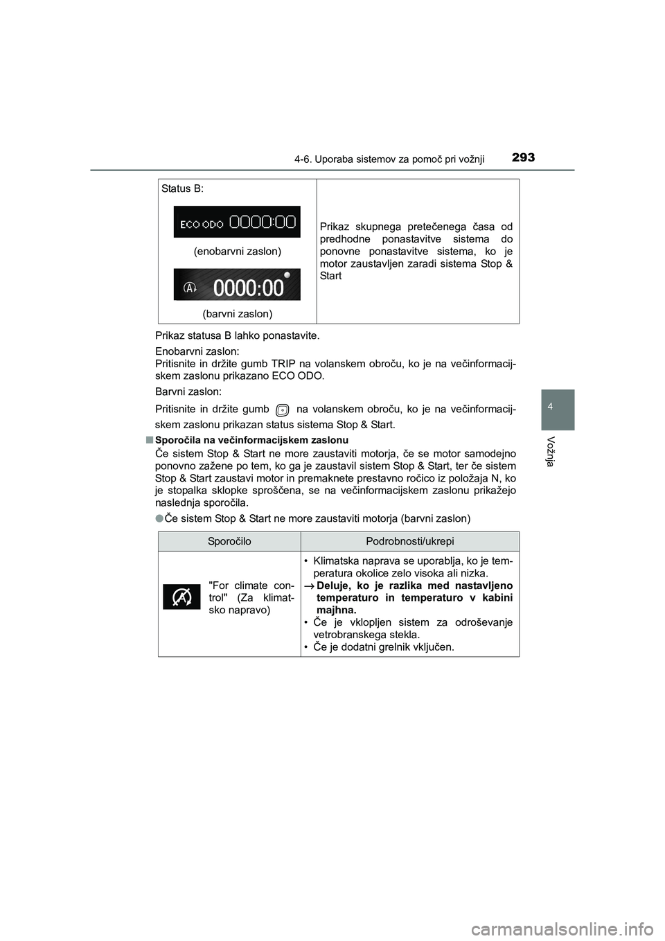TOYOTA AVENSIS 2017  Navodila Za Uporabo (in Slovenian) 2934-6. Uporaba sistemov za pomoč pri vožnji
4
Vožnja
AVENSIS_OM_OM20C20E_(EE)Prikaz statusa B lahko ponastavite.
Enobarvni zaslon: 
Pritisnite in držite gumb TRIP na volanskem obroču, ko je na v