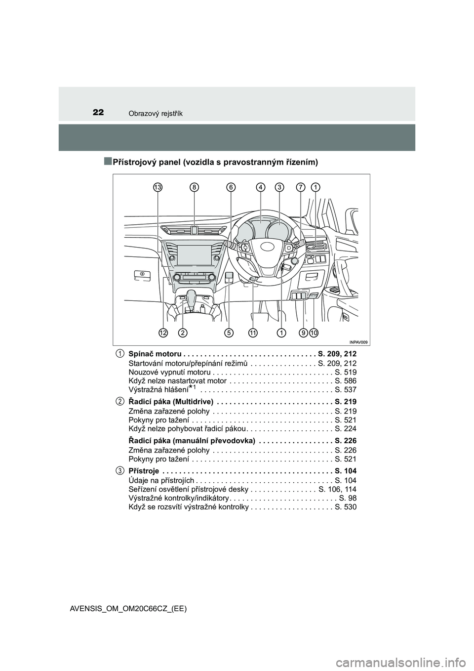 TOYOTA AVENSIS 2017  Návod na použití (in Czech) 22Obrazový rejstřík
AVENSIS_OM_OM20C66CZ_(EE)
■Přístrojový panel (vozidla s pravostranným řízením)
Spínač motoru . . . . . . . . . . . . . . . . . . . . . . . . . . . . . . . . S. 209, 2