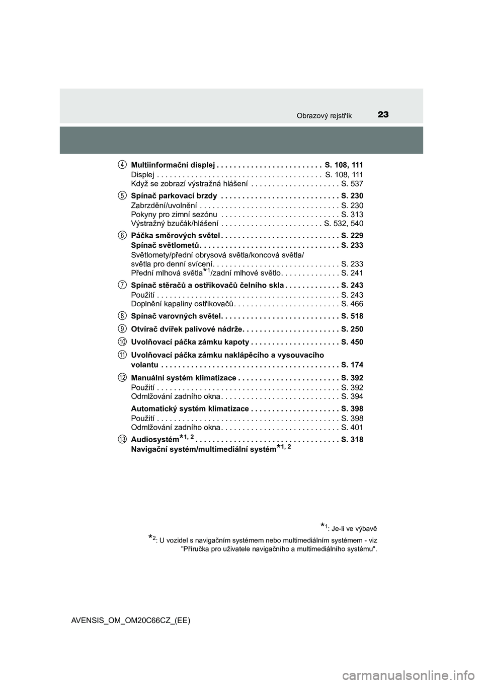 TOYOTA AVENSIS 2017  Návod na použití (in Czech) 23Obrazový rejstřík
AVENSIS_OM_OM20C66CZ_(EE)Multiinformační displej . . . . . . . . . . . . . . . . . . . . . . . . .  S. 108, 111
Displej  . . . . . . . . . . . . . . . . . . . . . . . . . . . 