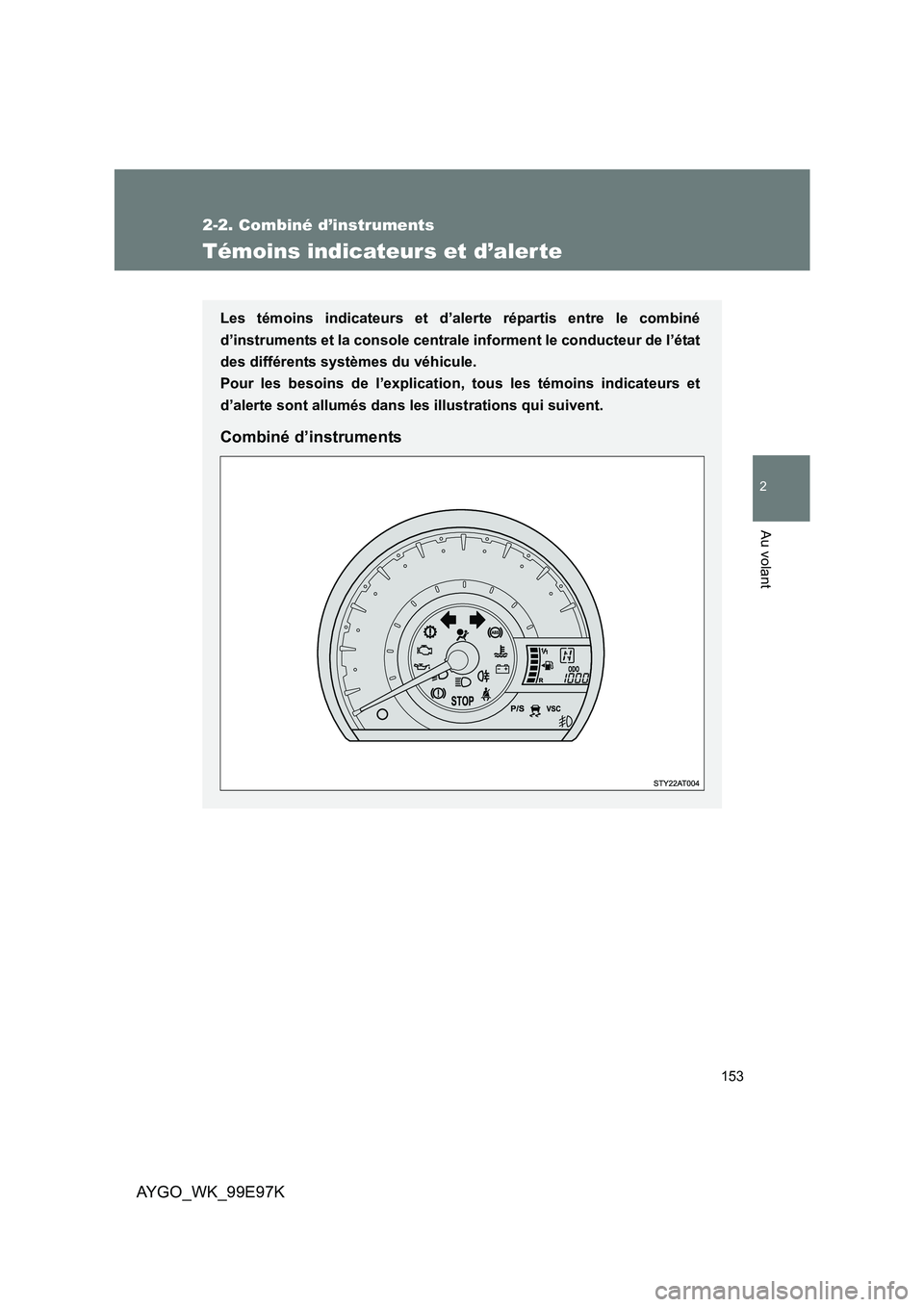 TOYOTA AYGO 2012  Notices Demploi (in French) 153
2-2. Combiné d’instruments
2
Au volant
AYGO_WK_99E97K
Témoins indicateurs et d’alerte
Les témoins indicateurs et d’alerte répartis entre le combiné 
d’instruments et la console centra