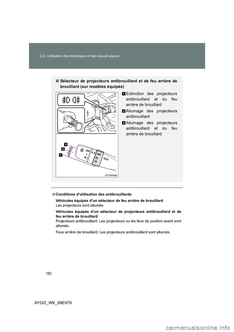 TOYOTA AYGO 2012  Notices Demploi (in French) 162 
2-3. Utilisation des éclairages et des essuie-glaces
AYGO_WK_99E97K
■ Conditions d’utilisation des antibrouillards 
Véhicules équipés d’un sélecteur de feu arrière de brouillard 
Les 