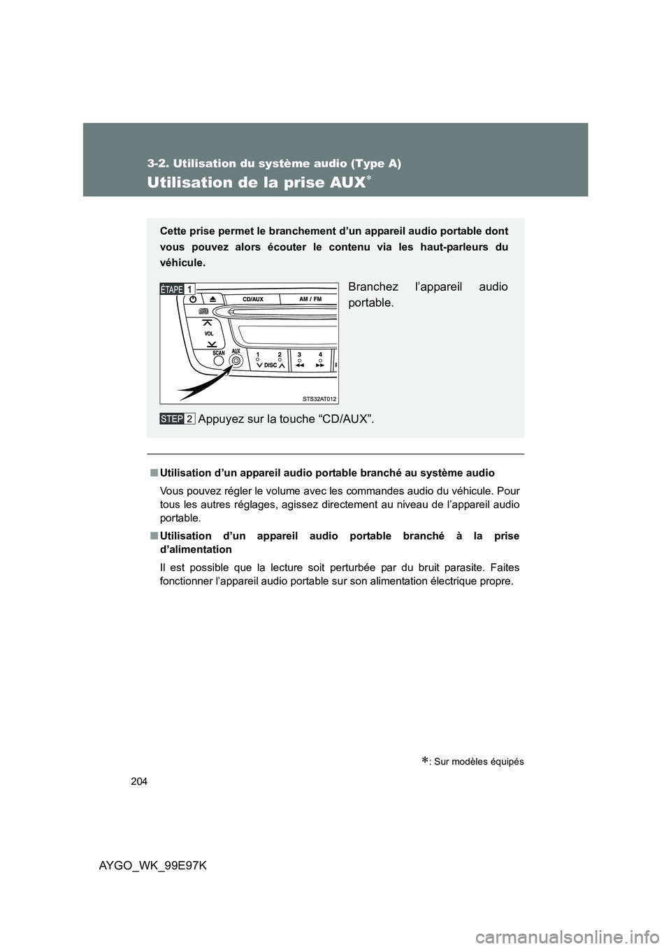 TOYOTA AYGO 2012  Notices Demploi (in French) 204
3-2. Utilisation du système audio (Type A)
AYGO_WK_99E97K
Utilisation de la prise AUX∗
θυιππεδ
∗: Sur modèles équipés
■Utilisation d’un appareil audio portable branché au syst