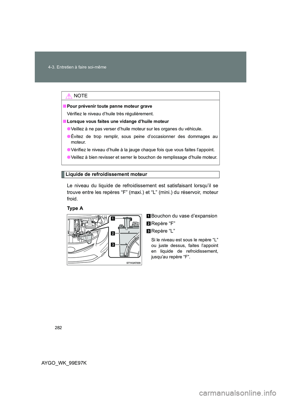 TOYOTA AYGO 2012  Notices Demploi (in French) 282 
4-3. Entretien à faire soi-même
AYGO_WK_99E97K
Liquide de refroidissement moteur 
Le niveau du liquide de refroidissement est satisfaisant lorsqu’il se 
trouve entre les repères “F” (max