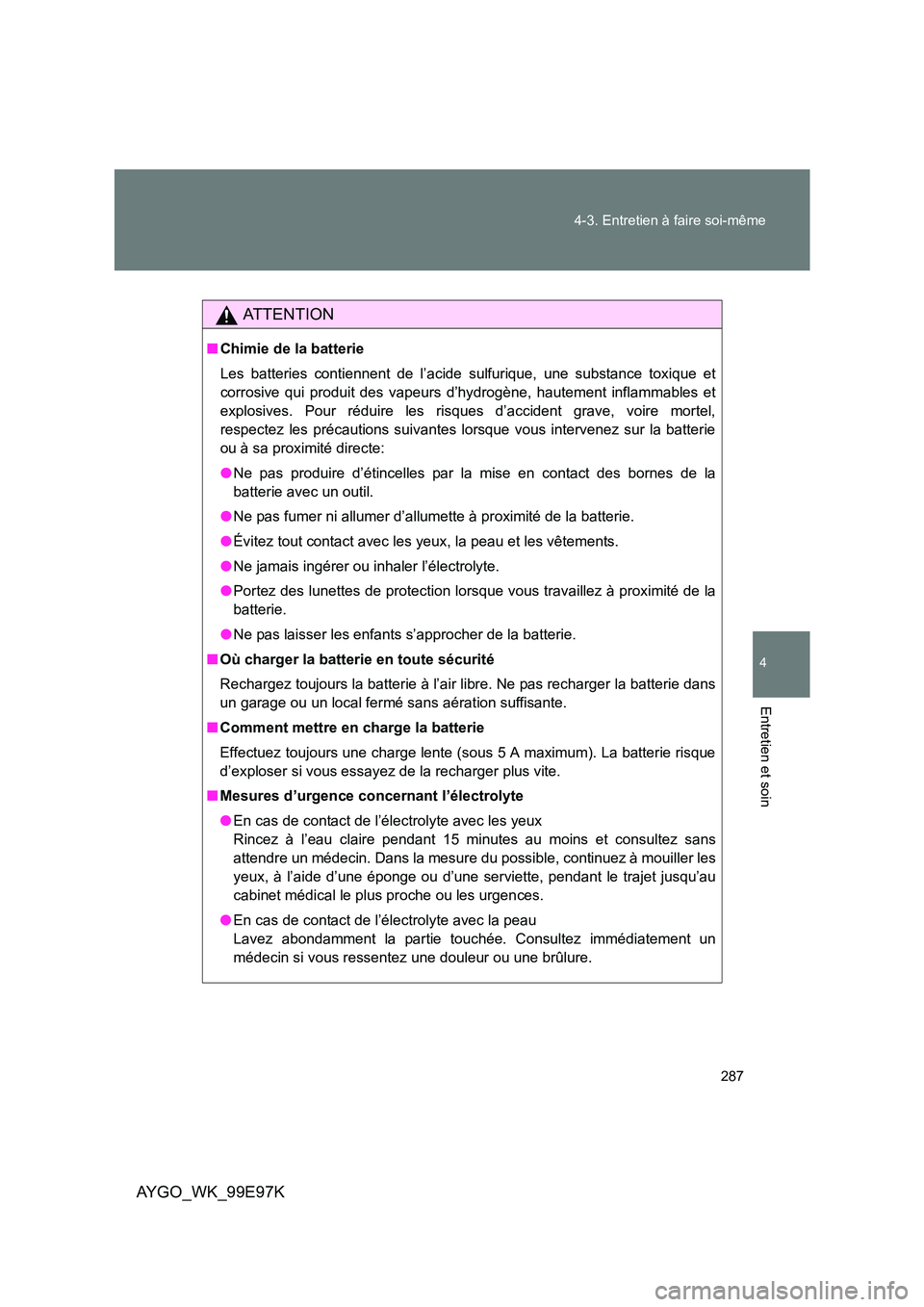 TOYOTA AYGO 2012  Notices Demploi (in French) 287 
4-3. Entretien à faire soi-même
4
Entretien et soin
AYGO_WK_99E97K
AT T E N T I O N
■ Chimie de la batterie 
Les batteries contiennent de l’acide sulfurique, une substance toxique et 
corro