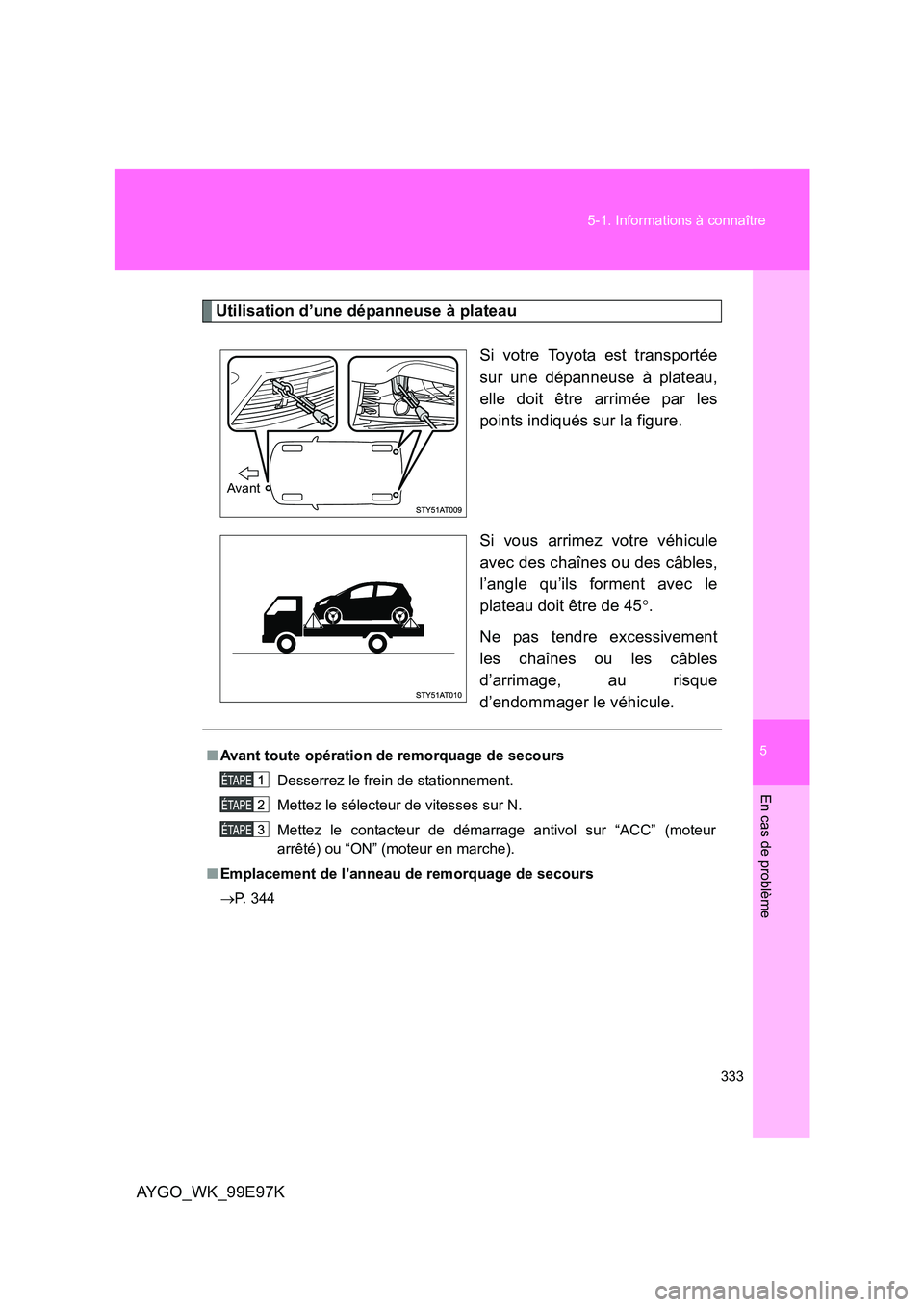 TOYOTA AYGO 2012  Notices Demploi (in French) 5
333 
5-1. Informations à connaître
En cas de problème
AYGO_WK_99E97K
Utilisation d’une dépanneuse à plateau 
Si votre Toyota est transportée 
sur une dépanneuse à plateau,
elle doit être 